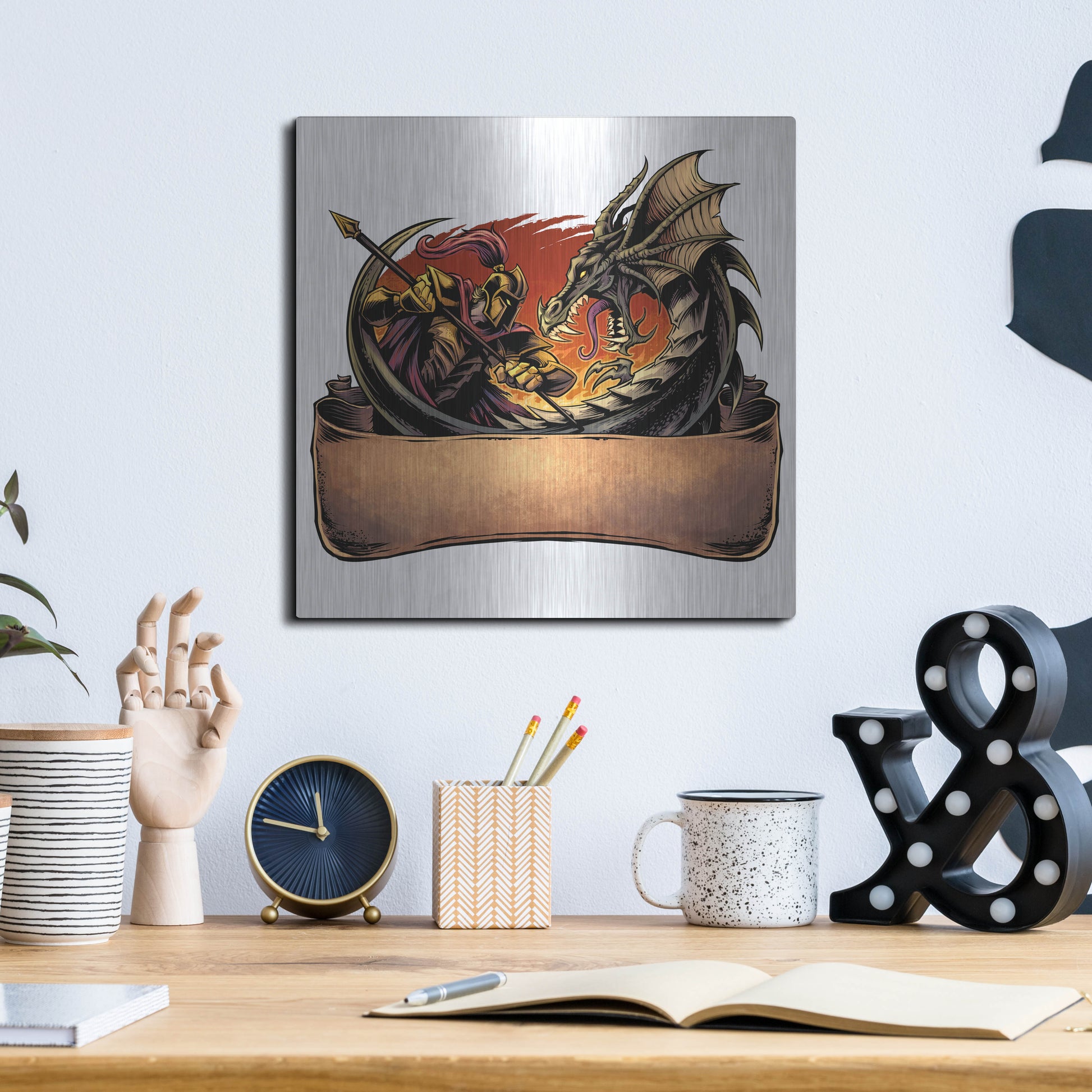 Luxe Metal Art 'Dragon and Knight' by Flyland Designs, Metal Wall Art,12x12