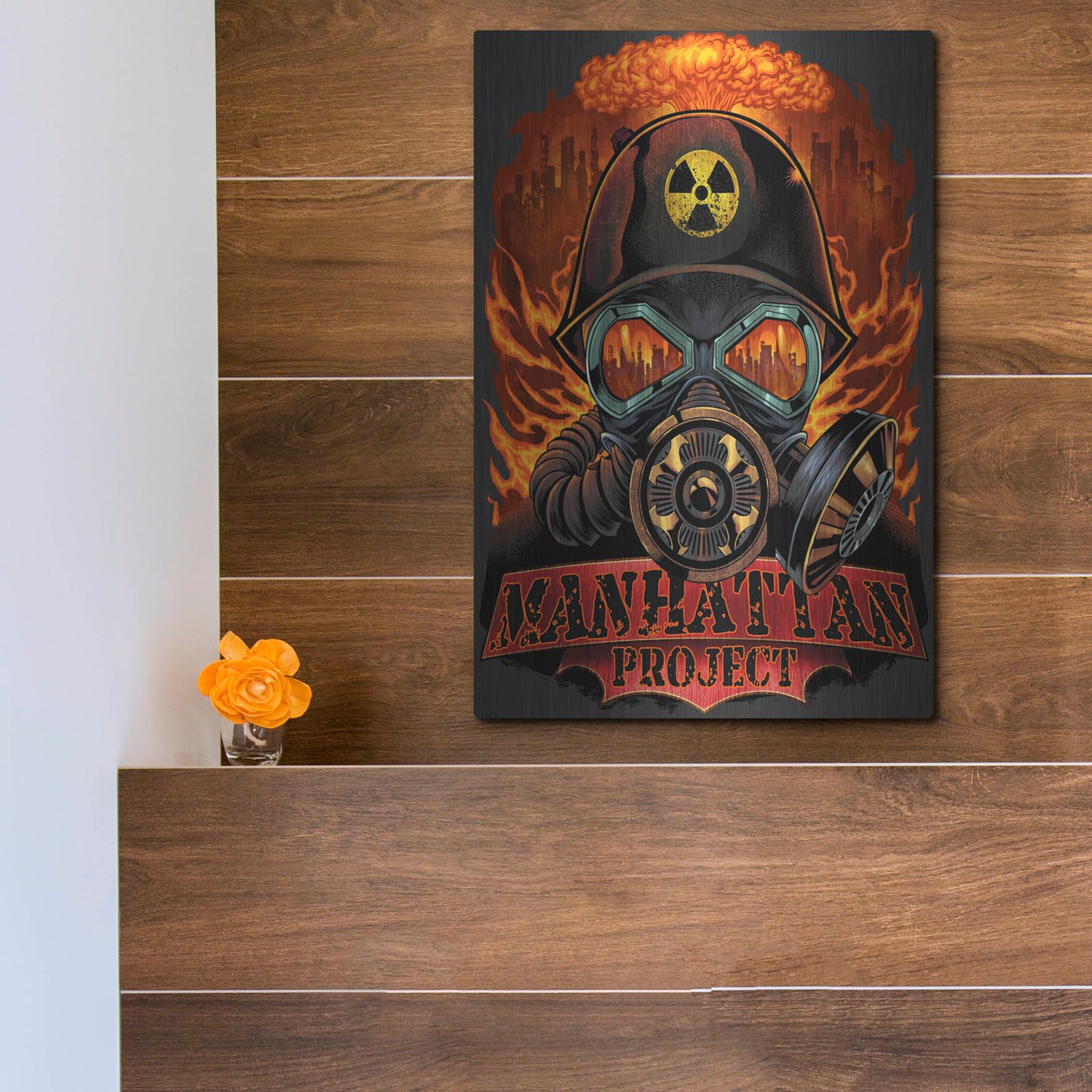 Luxe Metal Art 'Gas Mask Nuclear Explosion' by Flyland Designs, Metal Wall Art,12x16