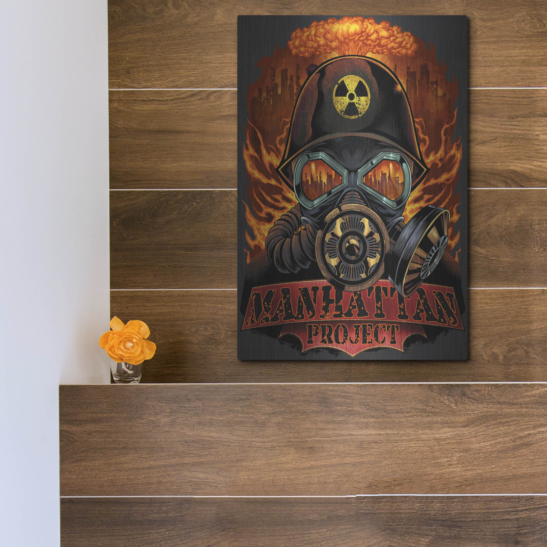 Luxe Metal Art 'Gas Mask Nuclear Explosion' by Flyland Designs, Metal Wall Art,12x16