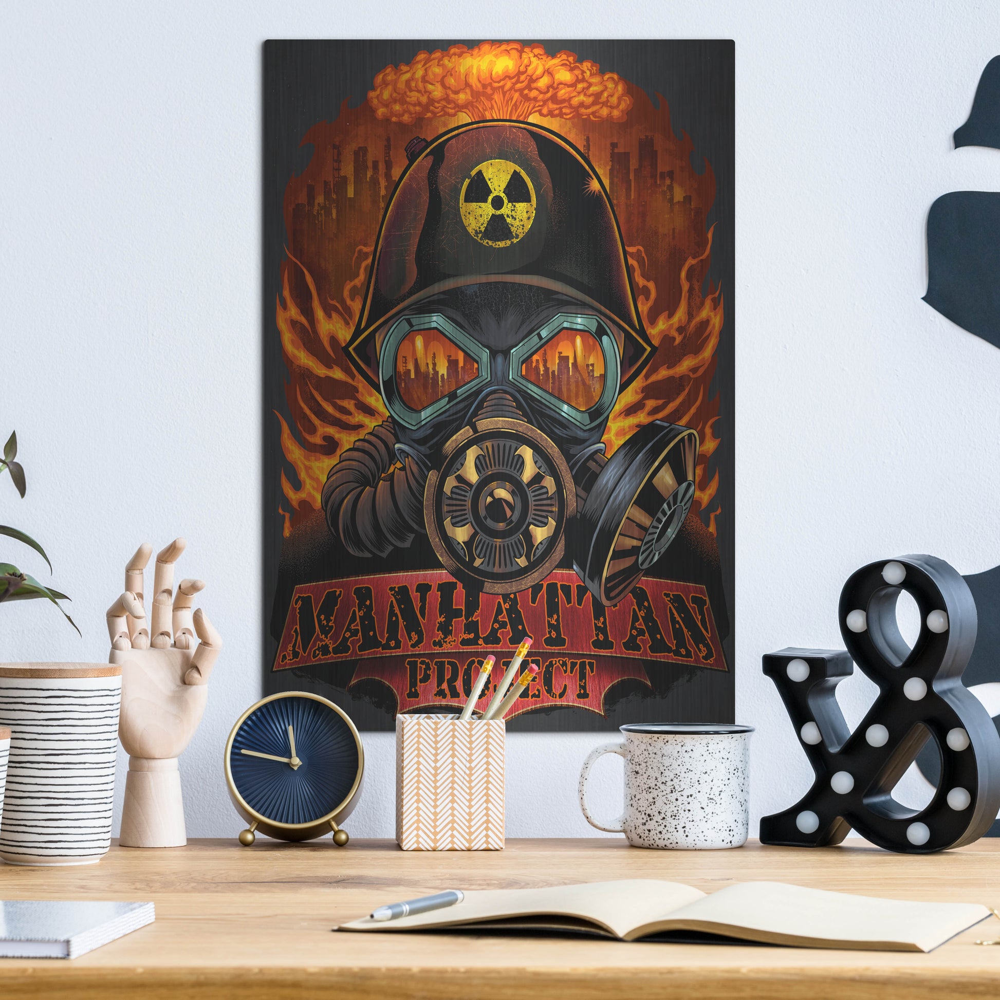 Luxe Metal Art 'Gas Mask Nuclear Explosion' by Flyland Designs, Metal Wall Art,12x16