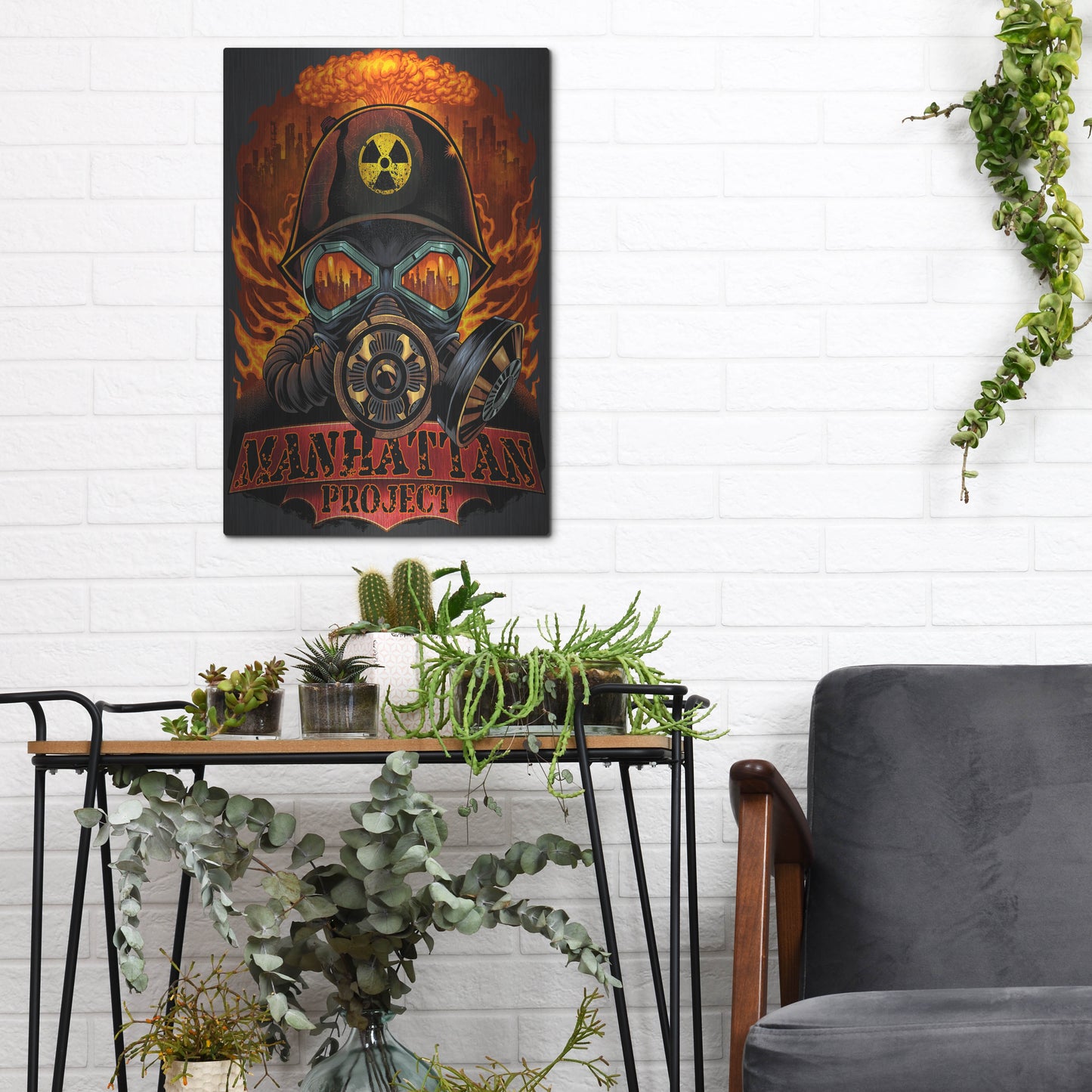 Luxe Metal Art 'Gas Mask Nuclear Explosion' by Flyland Designs, Metal Wall Art,12x16