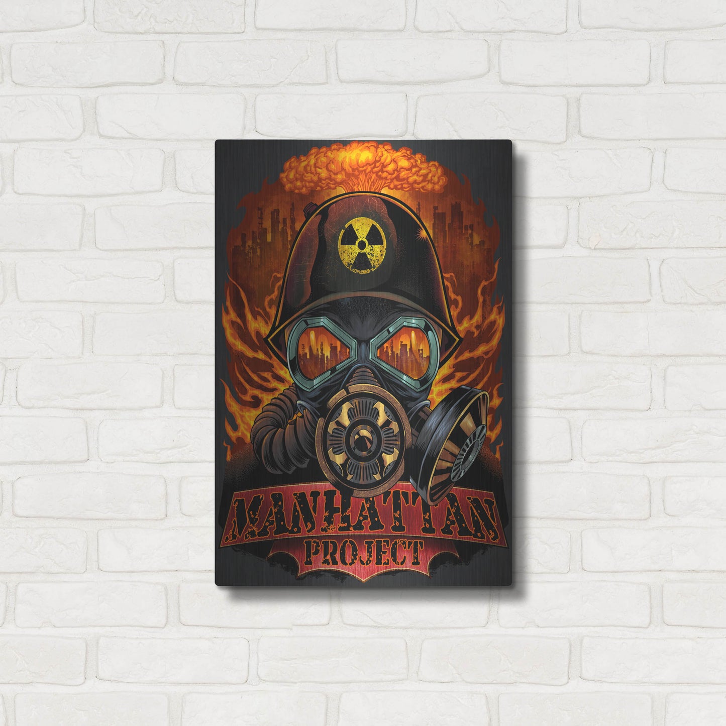 Luxe Metal Art 'Gas Mask Nuclear Explosion' by Flyland Designs, Metal Wall Art,16x24
