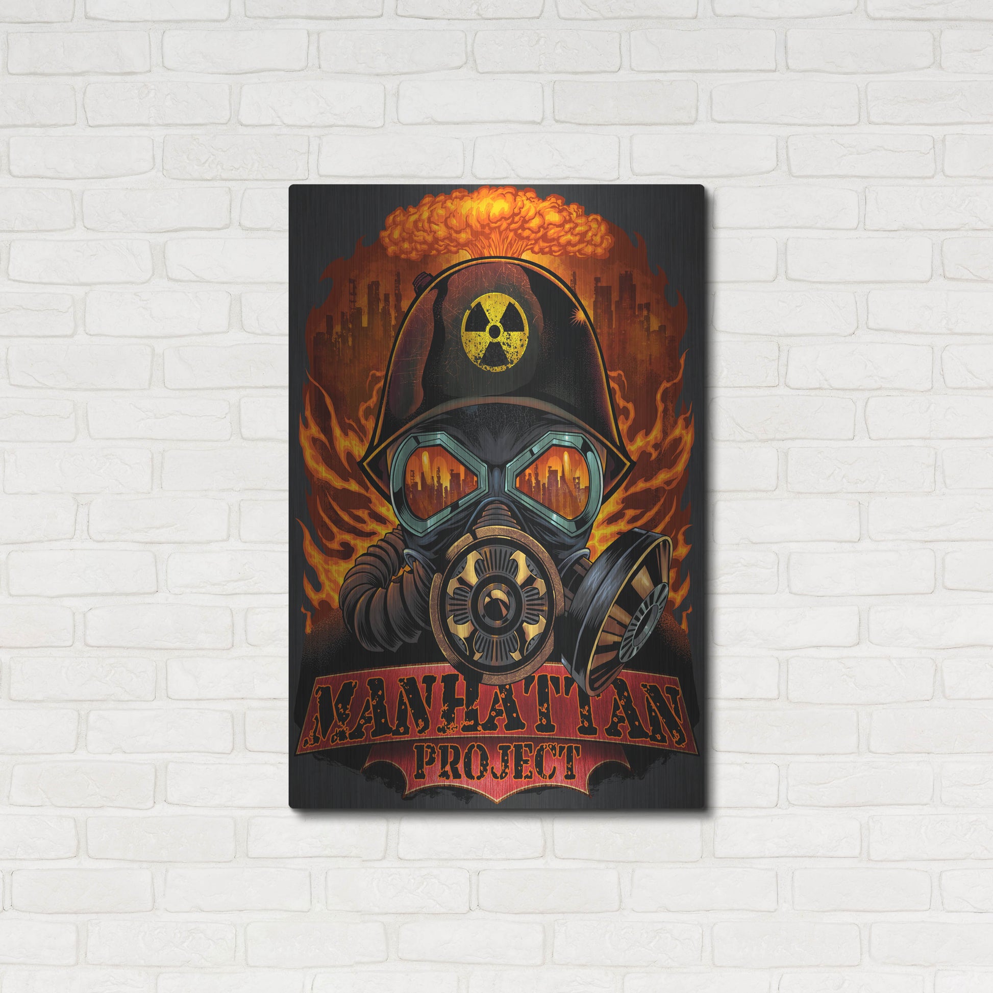Luxe Metal Art 'Gas Mask Nuclear Explosion' by Flyland Designs, Metal Wall Art,24x36
