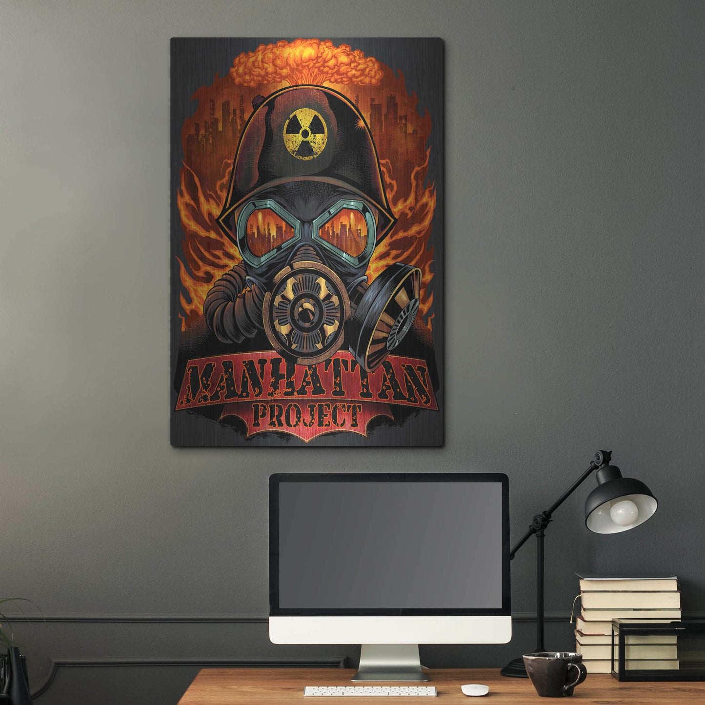 Luxe Metal Art 'Gas Mask Nuclear Explosion' by Flyland Designs, Metal Wall Art,24x36