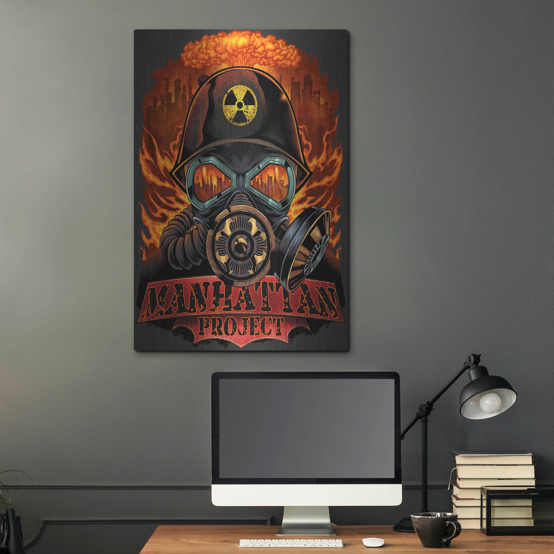 Luxe Metal Art 'Gas Mask Nuclear Explosion' by Flyland Designs, Metal Wall Art,24x36