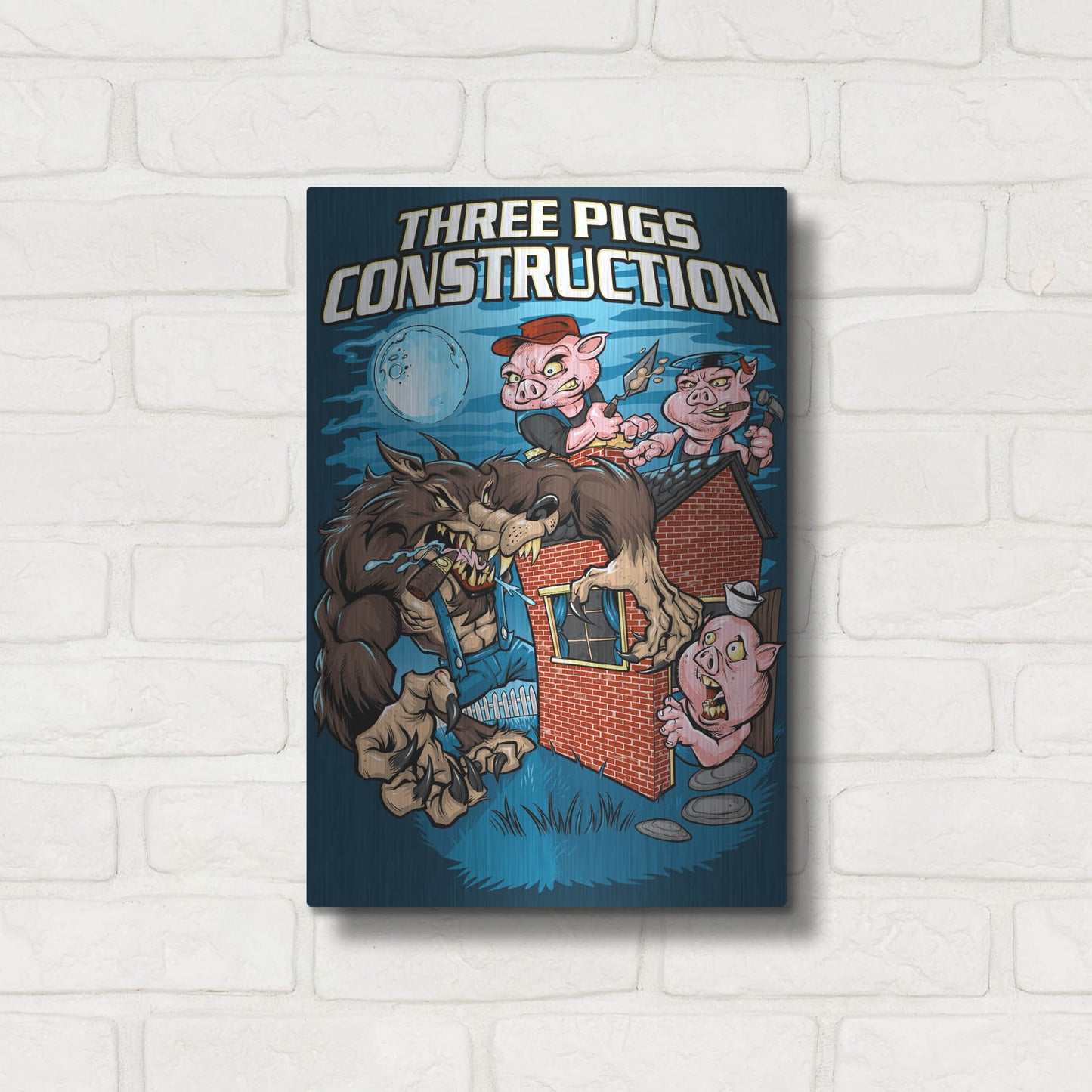 Luxe Metal Art 'Three Little Pigs Construction' by Flyland Designs, Metal Wall Art,12x16