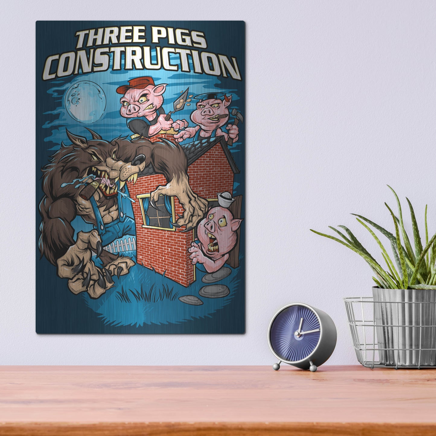 Luxe Metal Art 'Three Little Pigs Construction' by Flyland Designs, Metal Wall Art,12x16