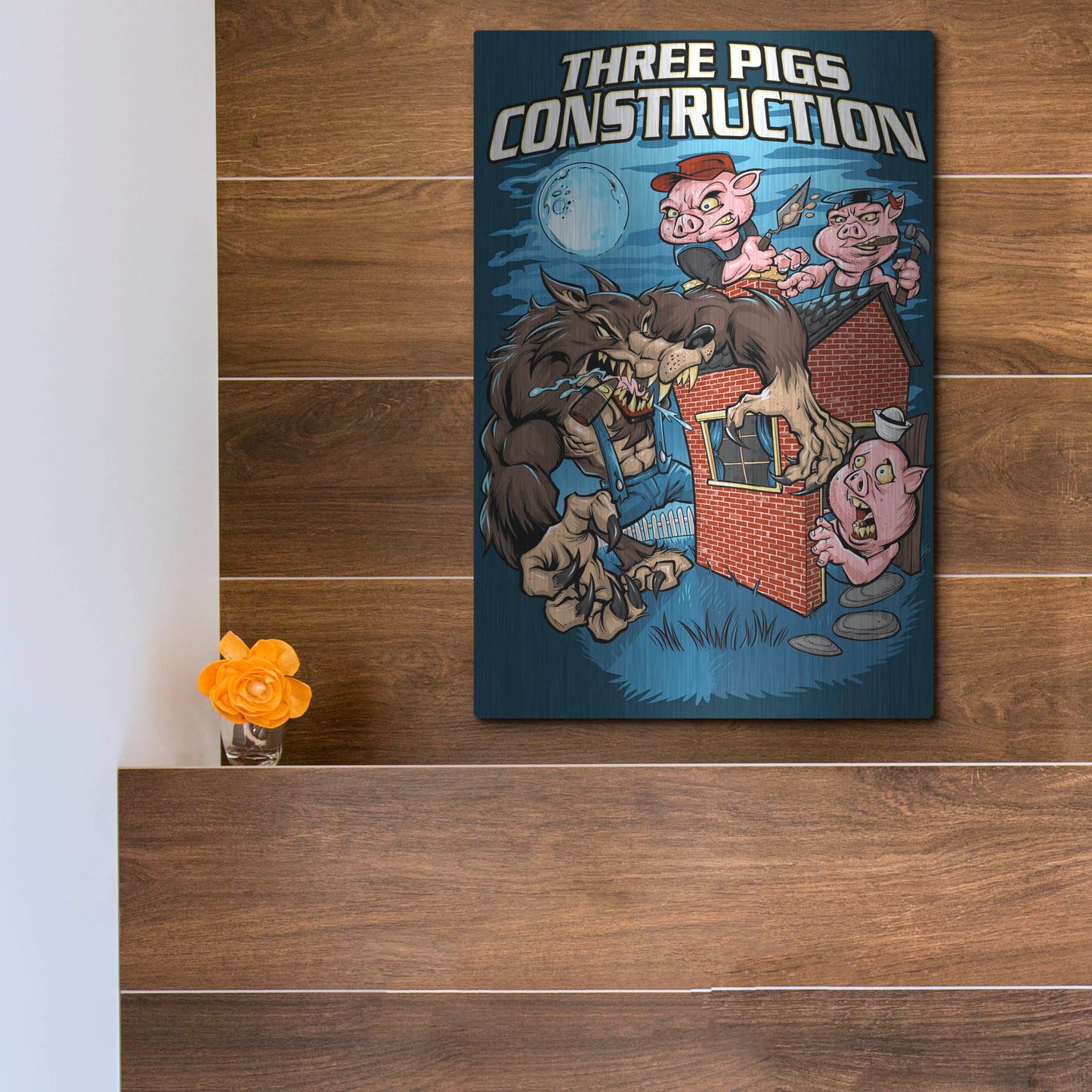 Luxe Metal Art 'Three Little Pigs Construction' by Flyland Designs, Metal Wall Art,12x16