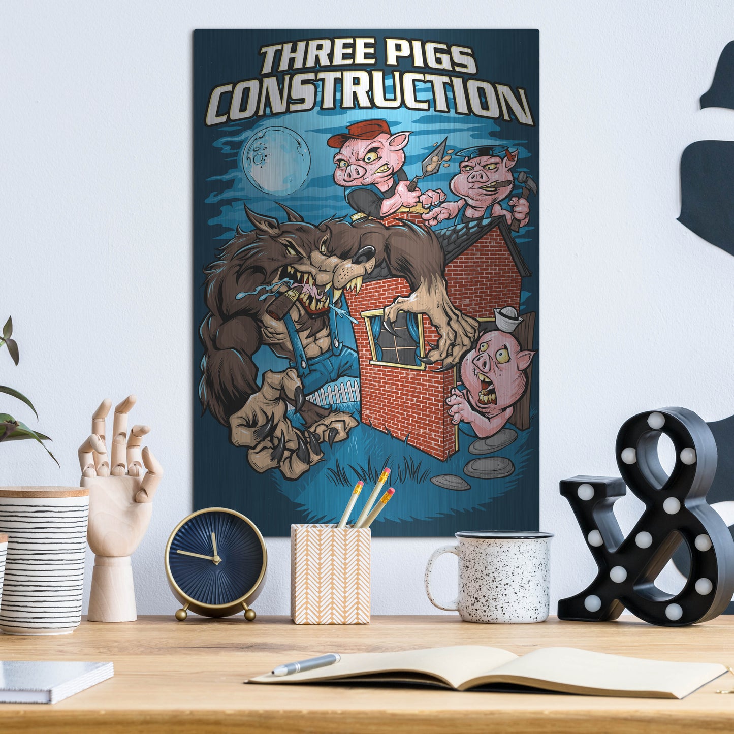 Luxe Metal Art 'Three Little Pigs Construction' by Flyland Designs, Metal Wall Art,12x16