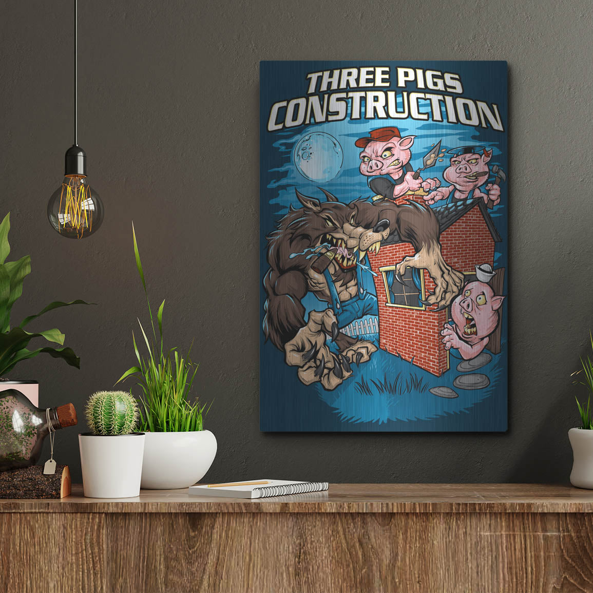 Luxe Metal Art 'Three Little Pigs Construction' by Flyland Designs, Metal Wall Art,12x16