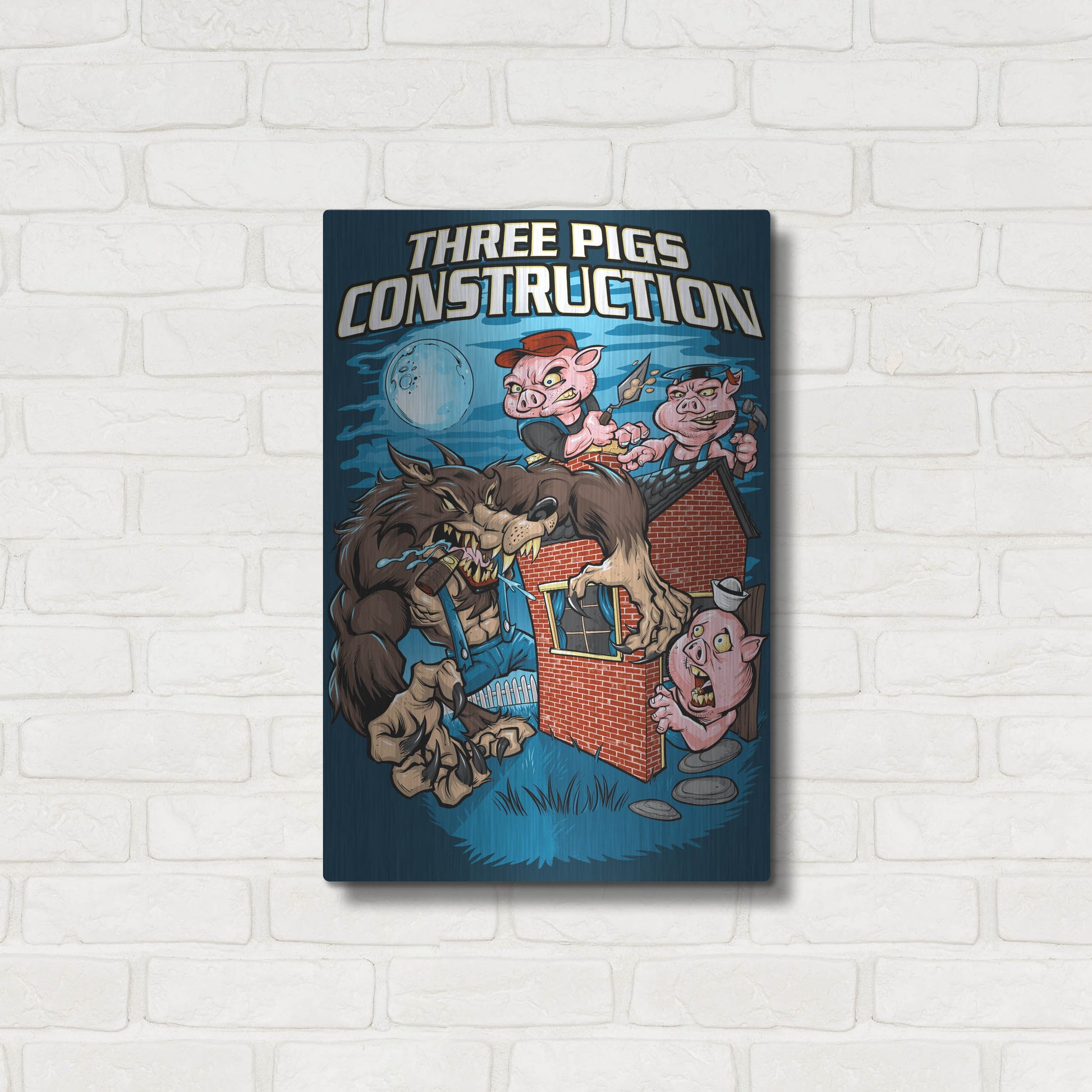 Luxe Metal Art 'Three Little Pigs Construction' by Flyland Designs, Metal Wall Art,16x24