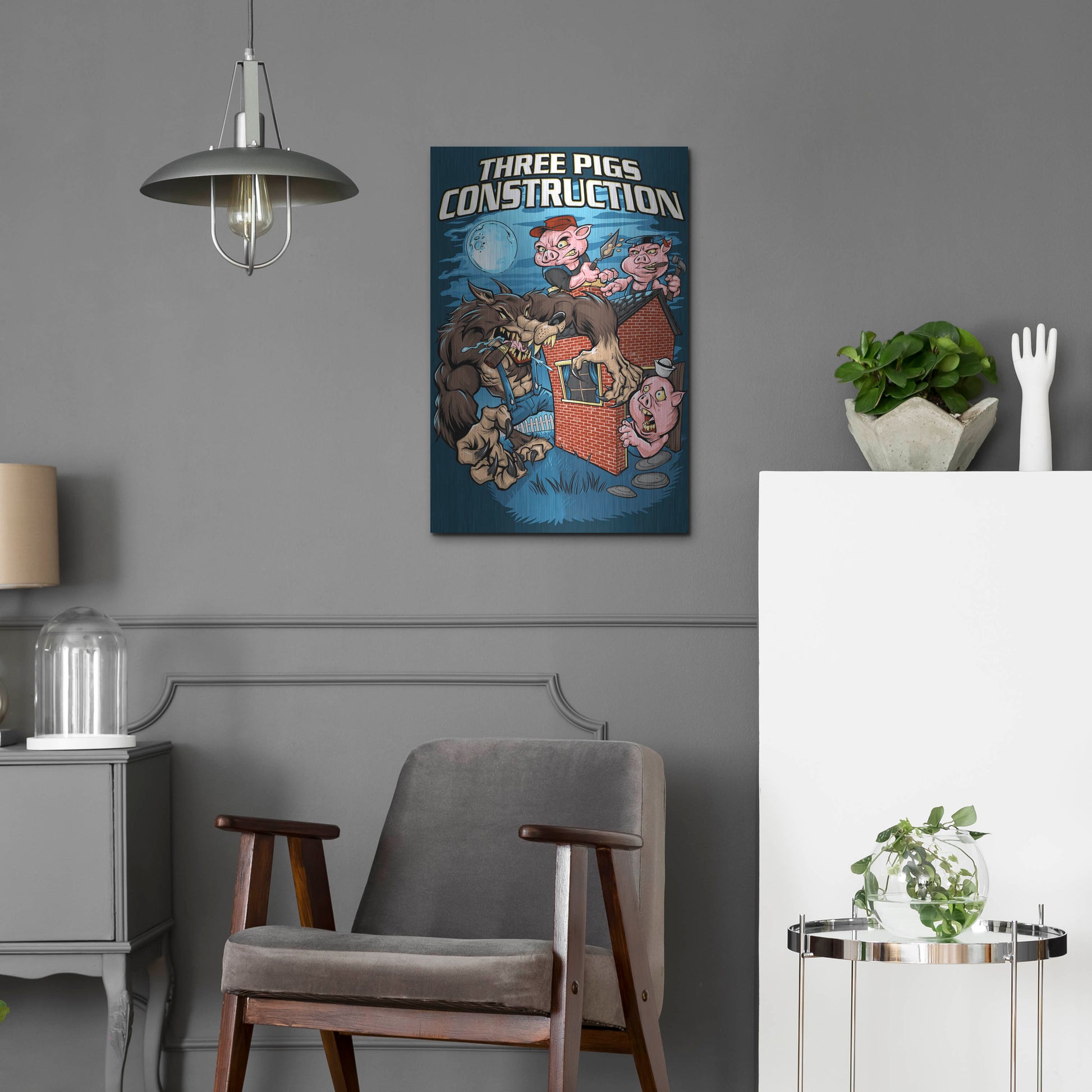 Luxe Metal Art 'Three Little Pigs Construction' by Flyland Designs, Metal Wall Art,16x24