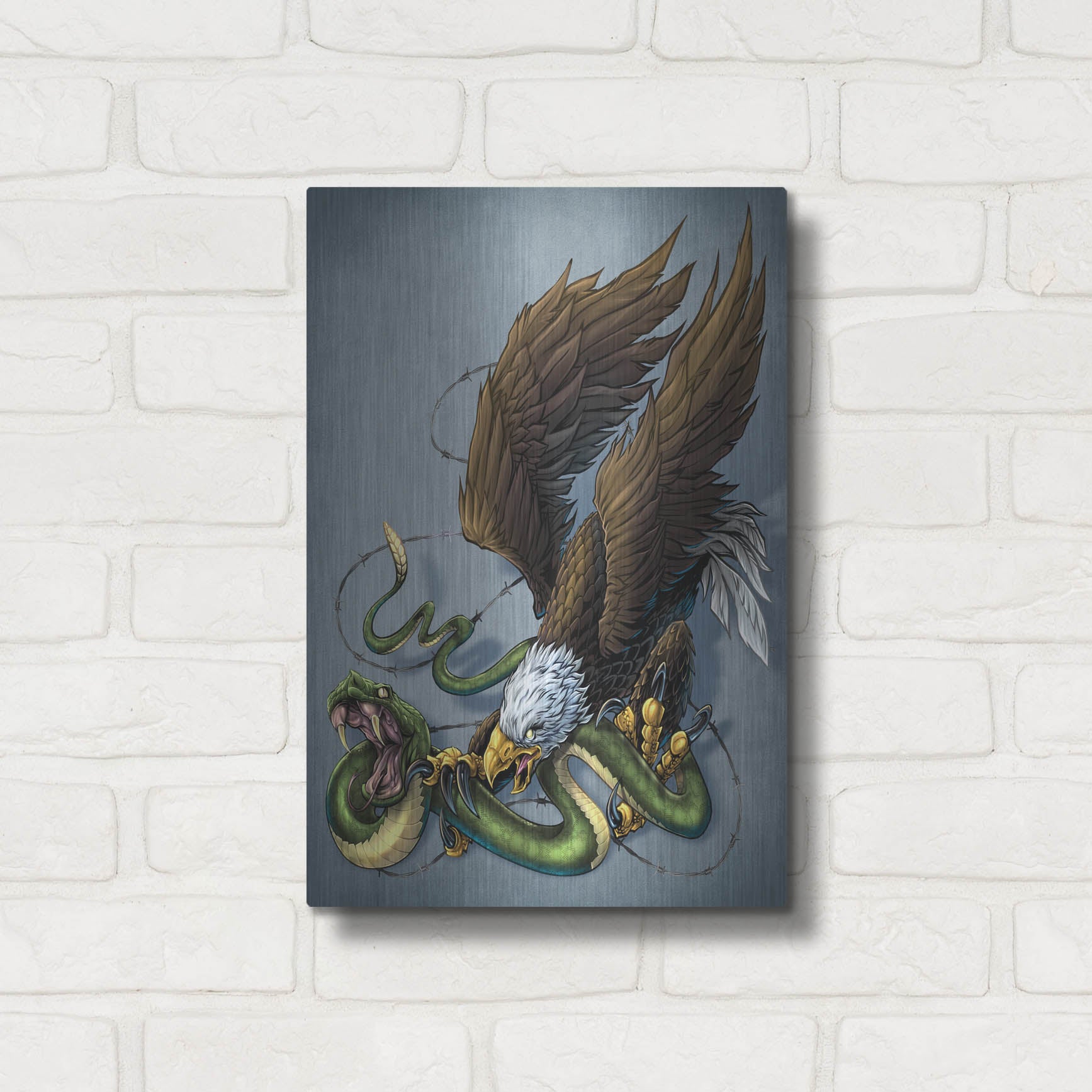 Luxe Metal Art 'Don't Tread On Me Eagle And Snake Painting' by Flyland Designs, Metal Wall Art,12x16