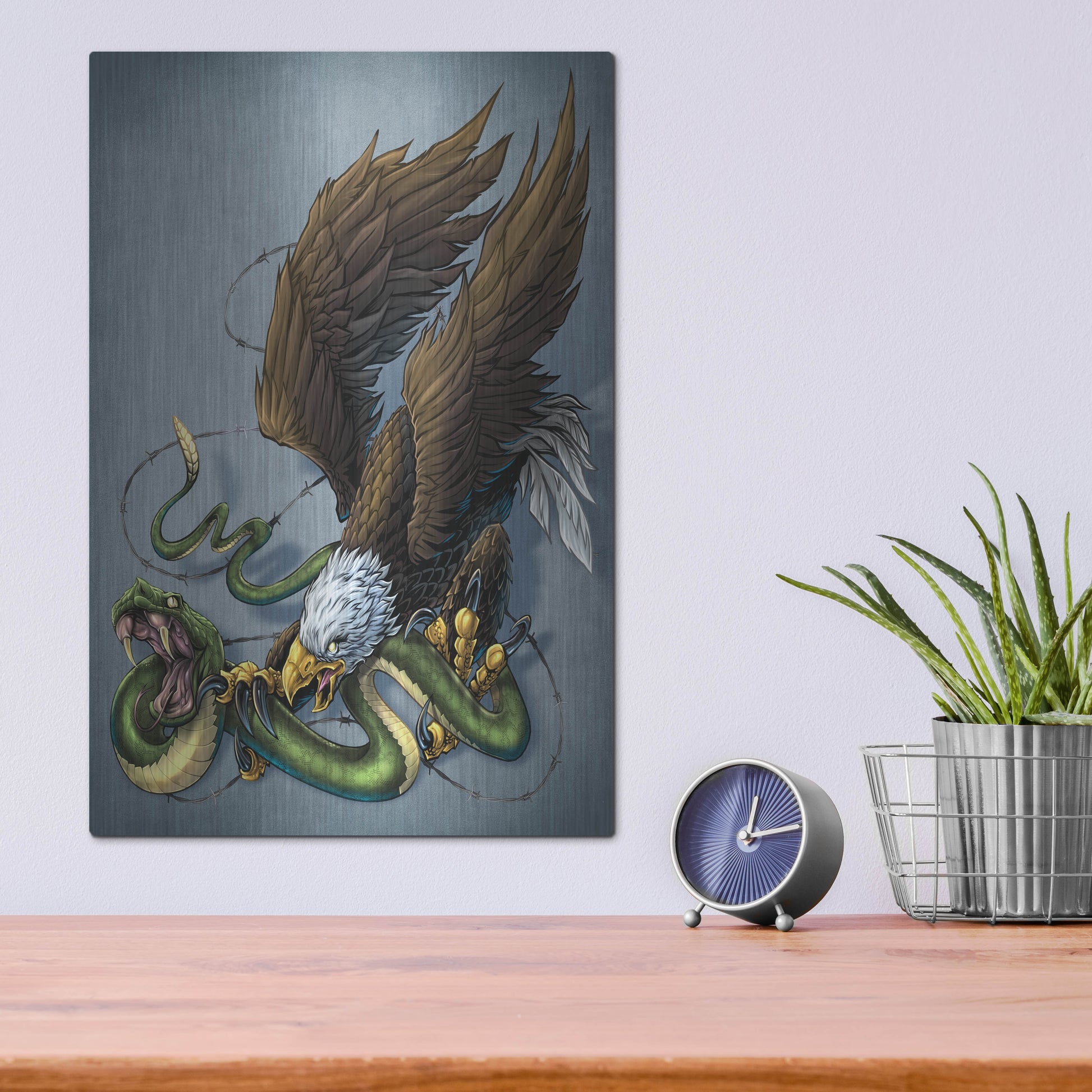 Luxe Metal Art 'Don't Tread On Me Eagle And Snake Painting' by Flyland Designs, Metal Wall Art,12x16