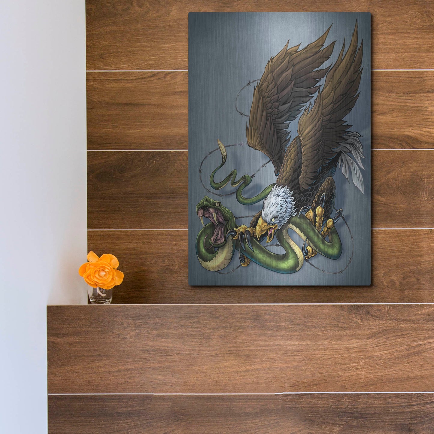 Luxe Metal Art 'Don't Tread On Me Eagle And Snake Painting' by Flyland Designs, Metal Wall Art,12x16