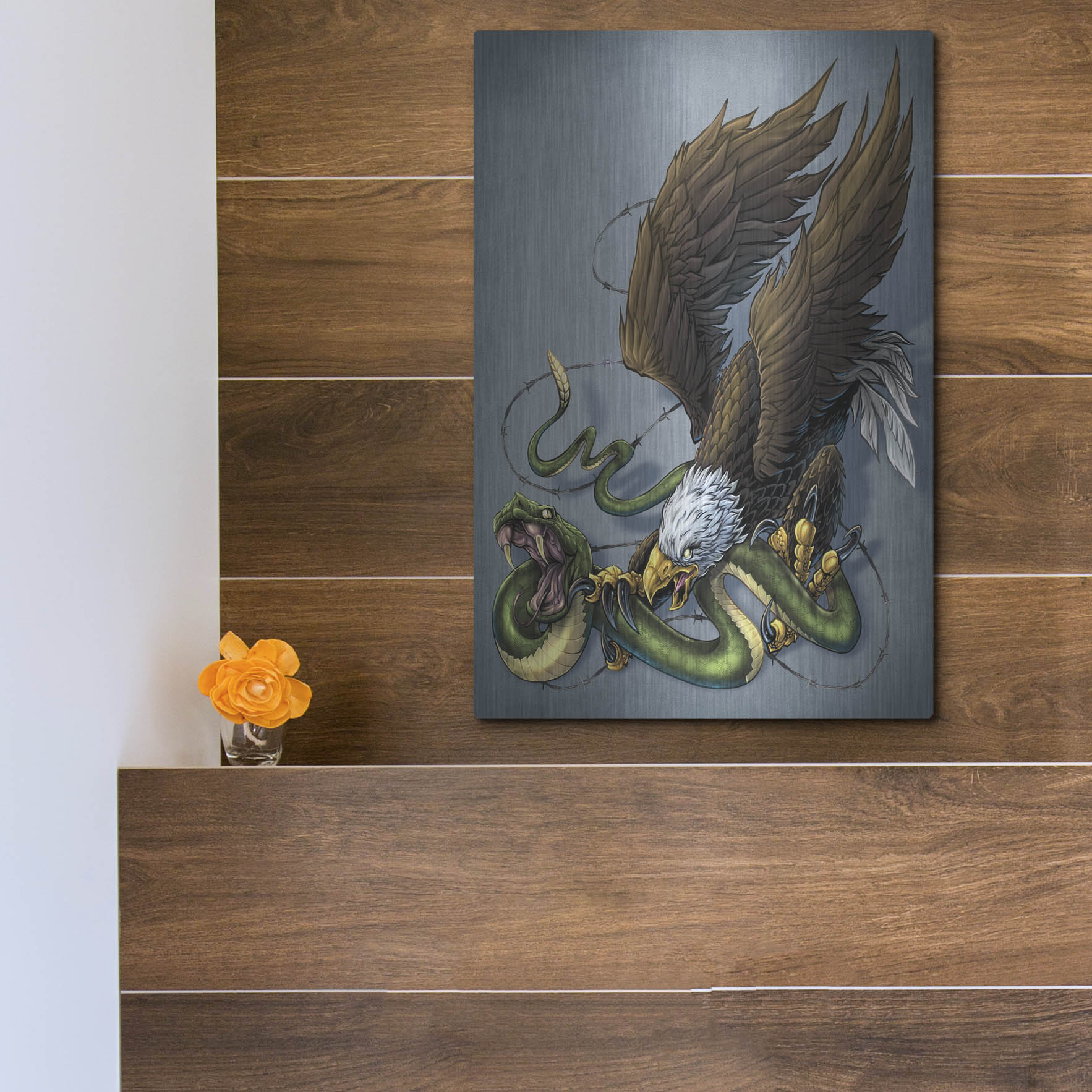 Luxe Metal Art 'Don't Tread On Me Eagle And Snake Painting' by Flyland Designs, Metal Wall Art,12x16