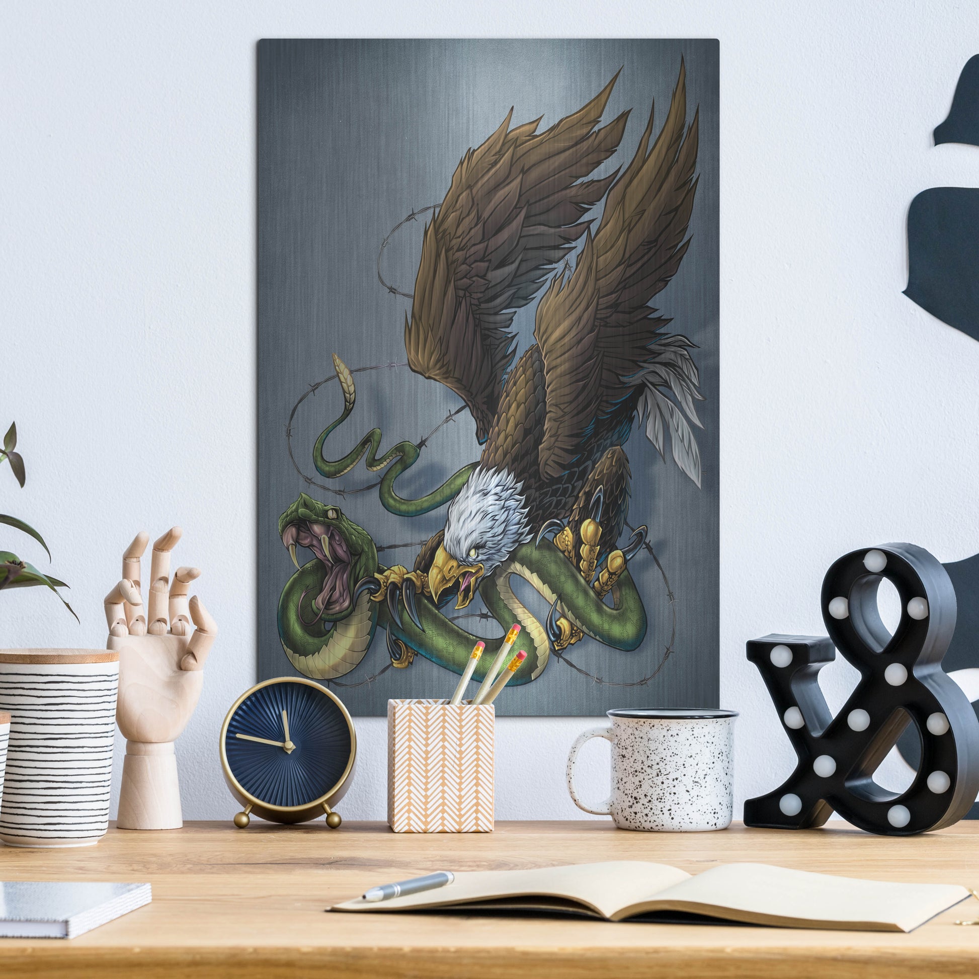 Luxe Metal Art 'Don't Tread On Me Eagle And Snake Painting' by Flyland Designs, Metal Wall Art,12x16