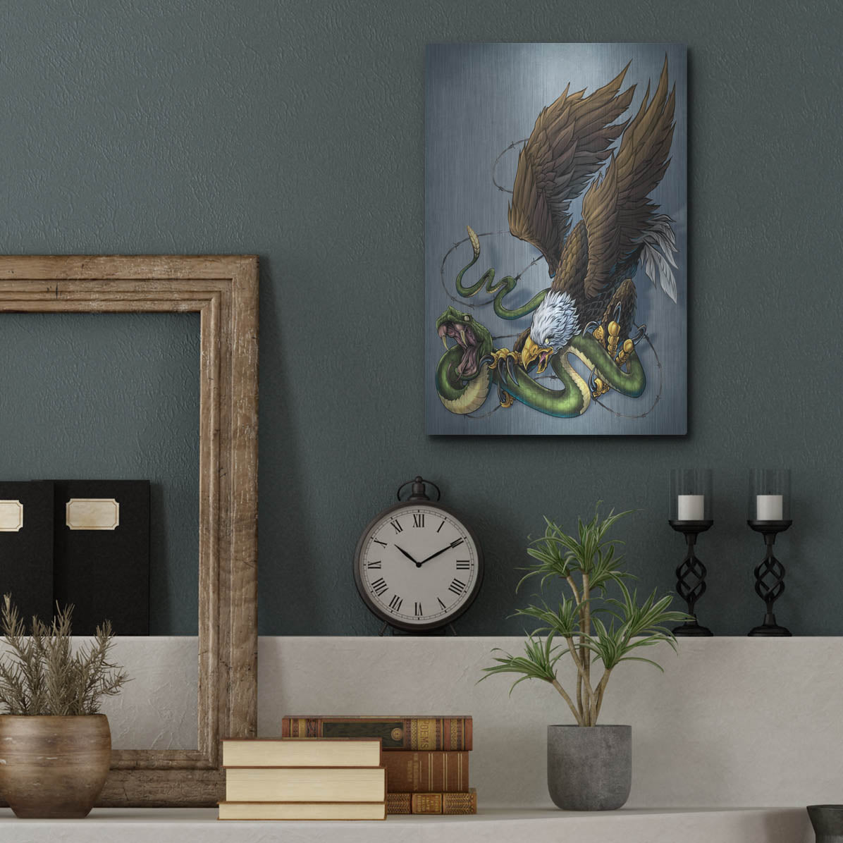 Luxe Metal Art 'Don't Tread On Me Eagle And Snake Painting' by Flyland Designs, Metal Wall Art,12x16