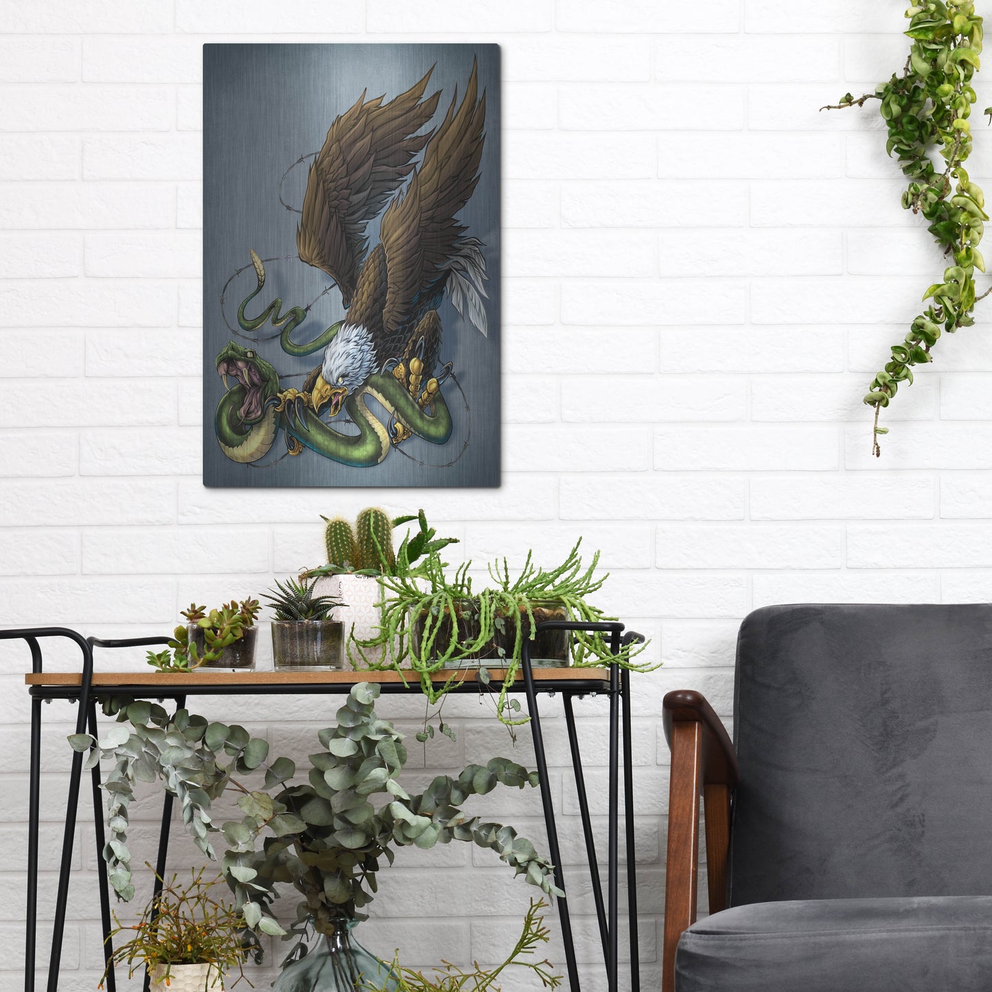 Luxe Metal Art 'Don't Tread On Me Eagle And Snake Painting' by Flyland Designs, Metal Wall Art,12x16