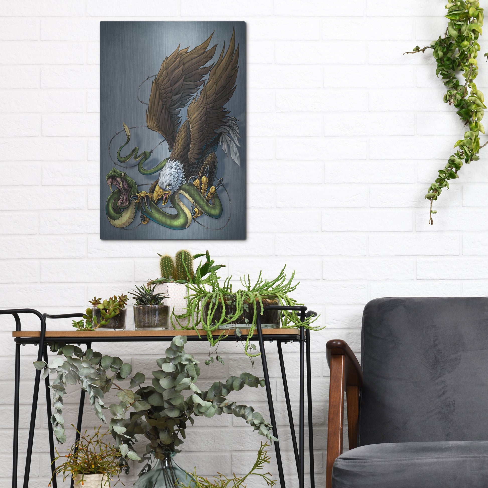 Luxe Metal Art 'Don't Tread On Me Eagle And Snake Painting' by Flyland Designs, Metal Wall Art,12x16