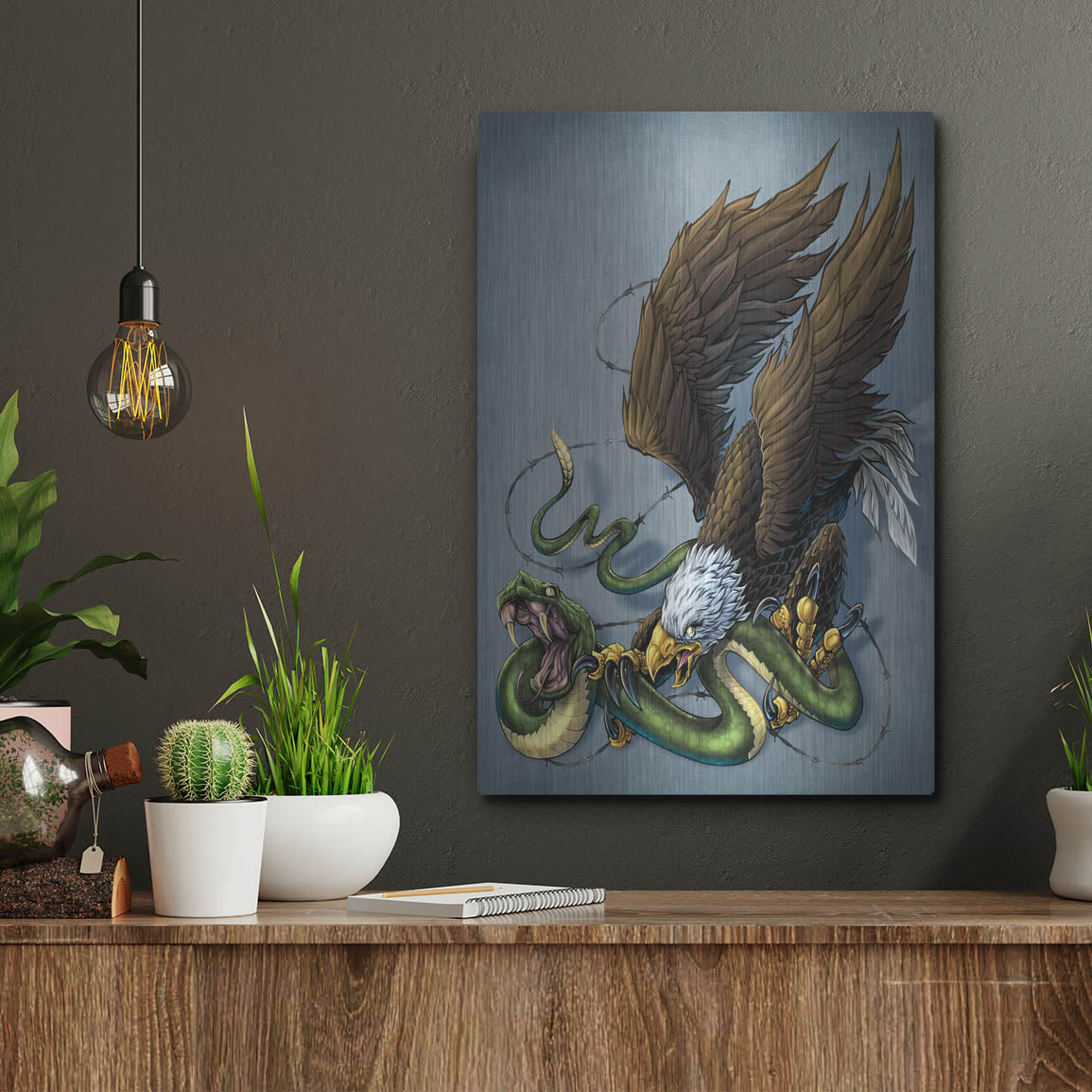 Luxe Metal Art 'Don't Tread On Me Eagle And Snake Painting' by Flyland Designs, Metal Wall Art,12x16