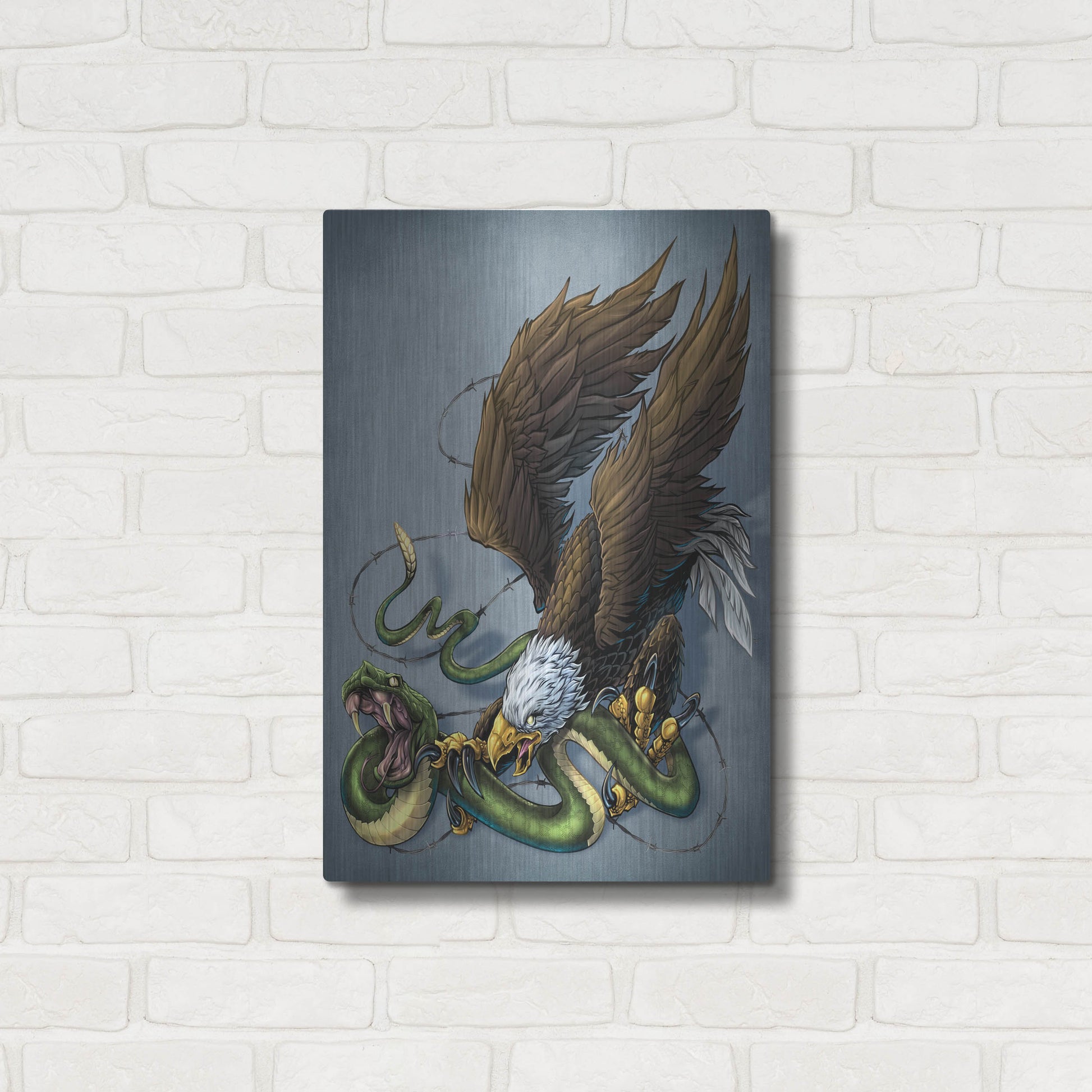Luxe Metal Art 'Don't Tread On Me Eagle And Snake Painting' by Flyland Designs, Metal Wall Art,16x24