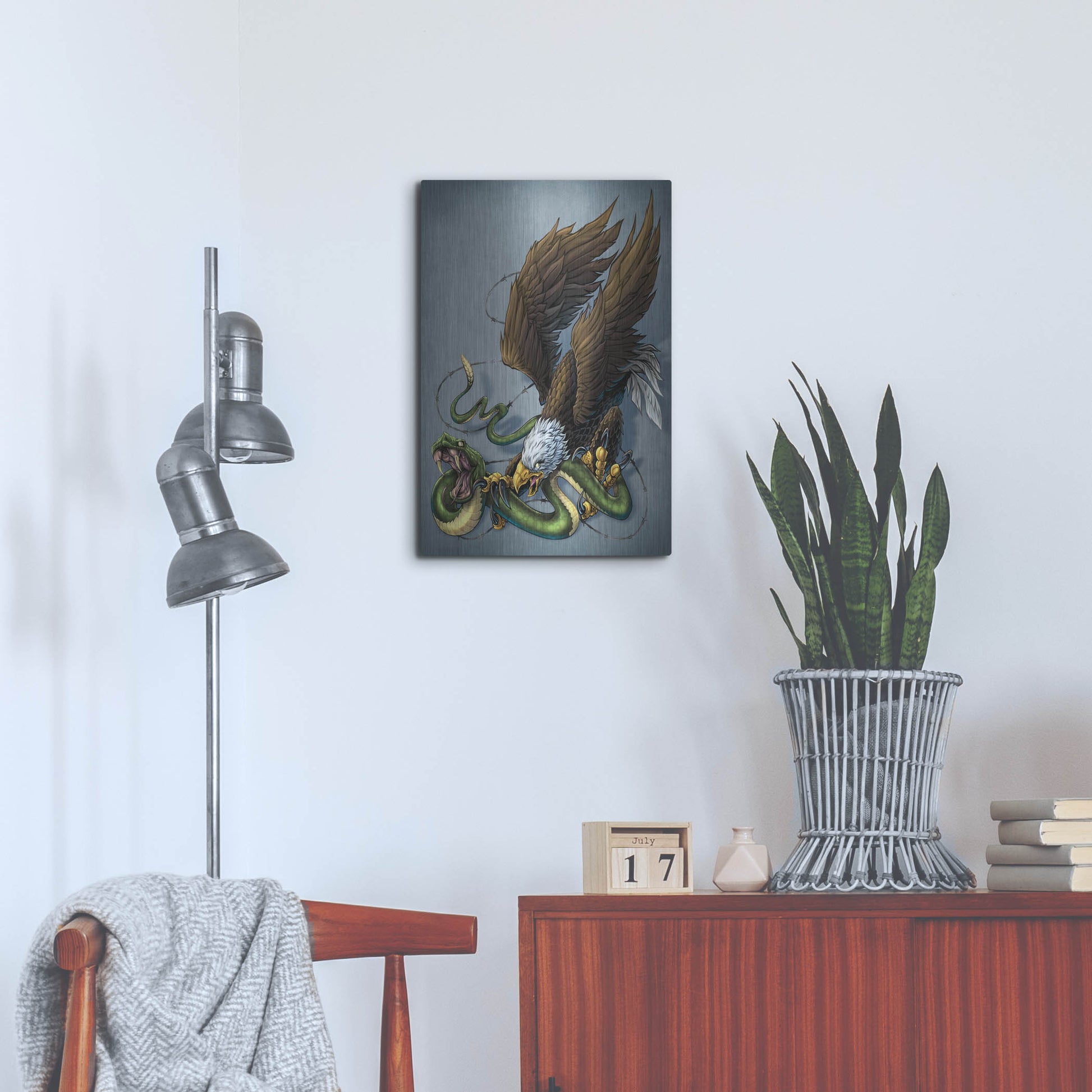 Luxe Metal Art 'Don't Tread On Me Eagle And Snake Painting' by Flyland Designs, Metal Wall Art,16x24