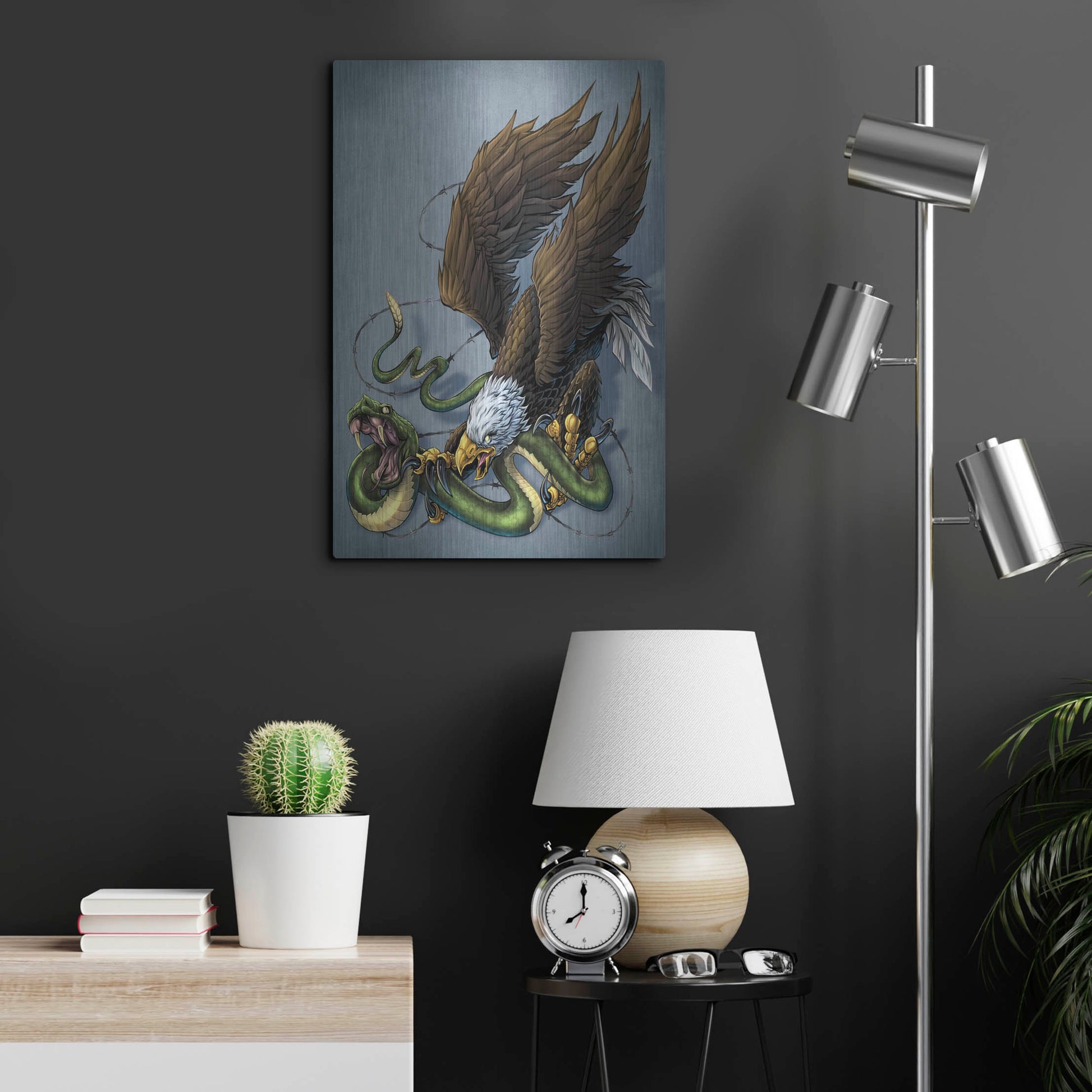 Luxe Metal Art 'Don't Tread On Me Eagle And Snake Painting' by Flyland Designs, Metal Wall Art,16x24