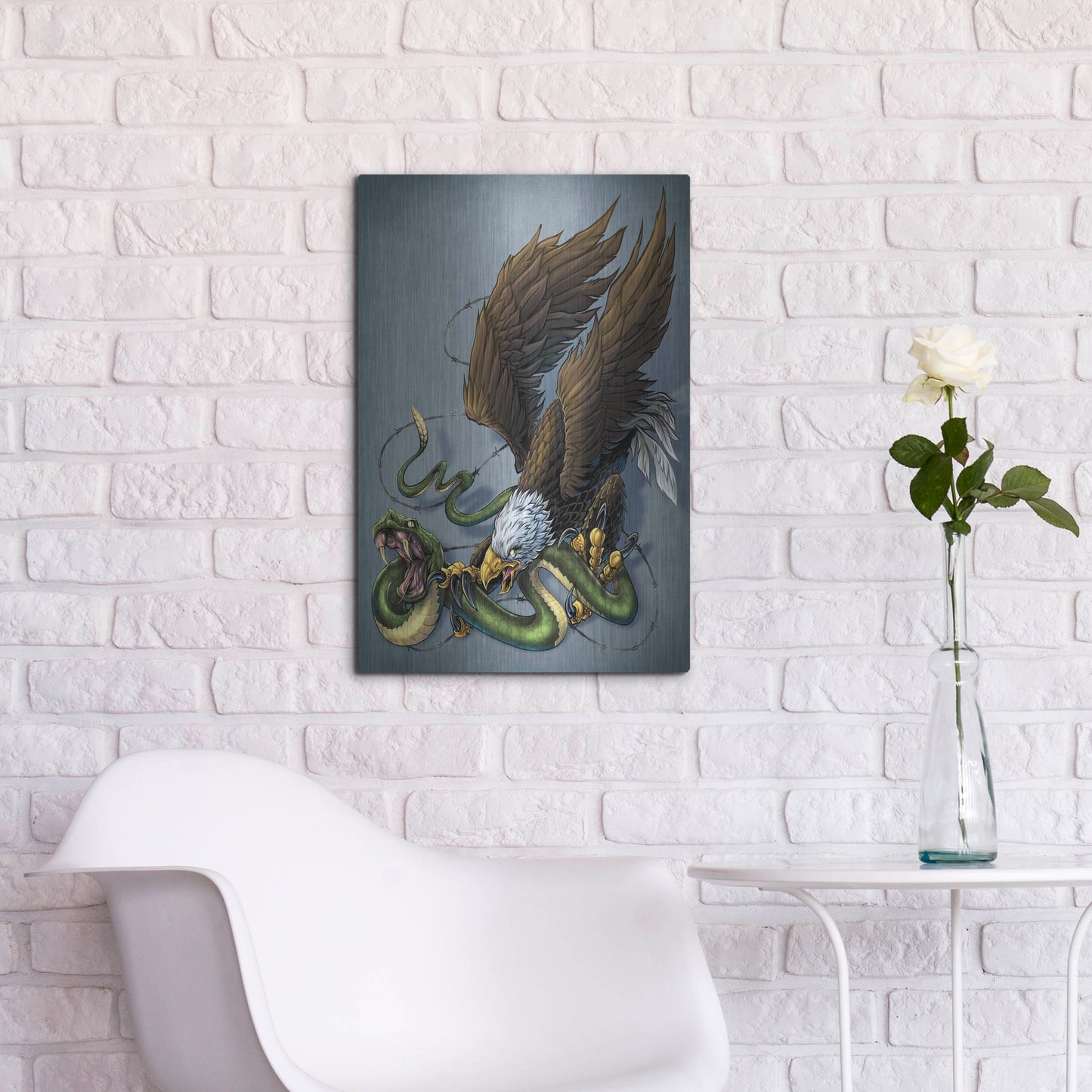 Luxe Metal Art 'Don't Tread On Me Eagle And Snake Painting' by Flyland Designs, Metal Wall Art,16x24