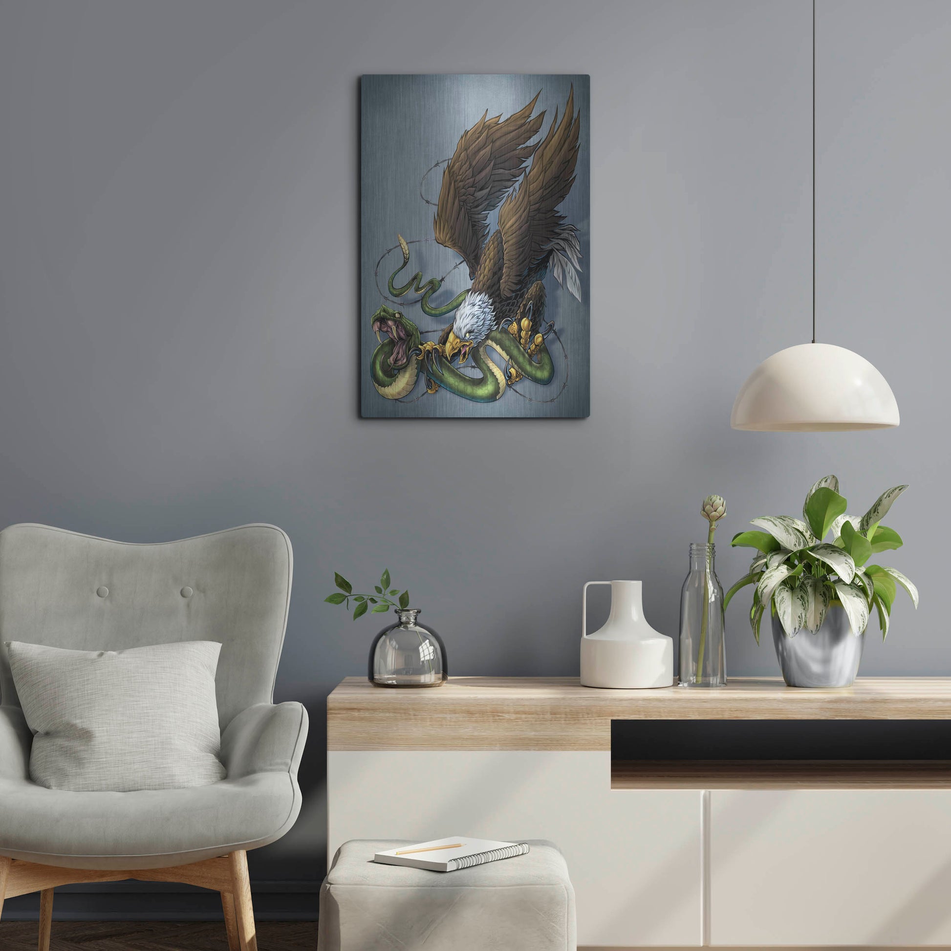 Luxe Metal Art 'Don't Tread On Me Eagle And Snake Painting' by Flyland Designs, Metal Wall Art,16x24
