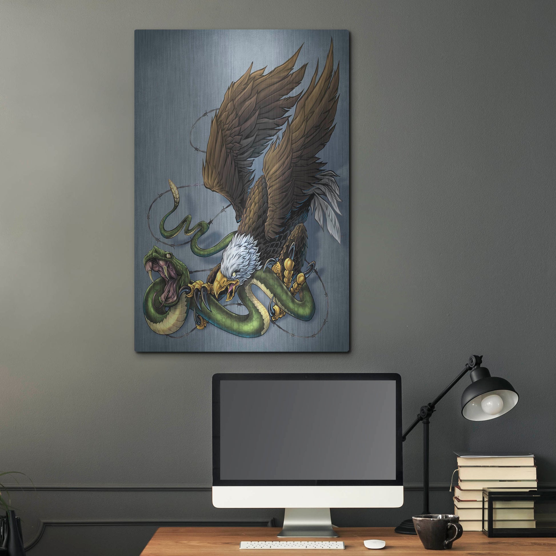 Luxe Metal Art 'Don't Tread On Me Eagle And Snake Painting' by Flyland Designs, Metal Wall Art,24x36