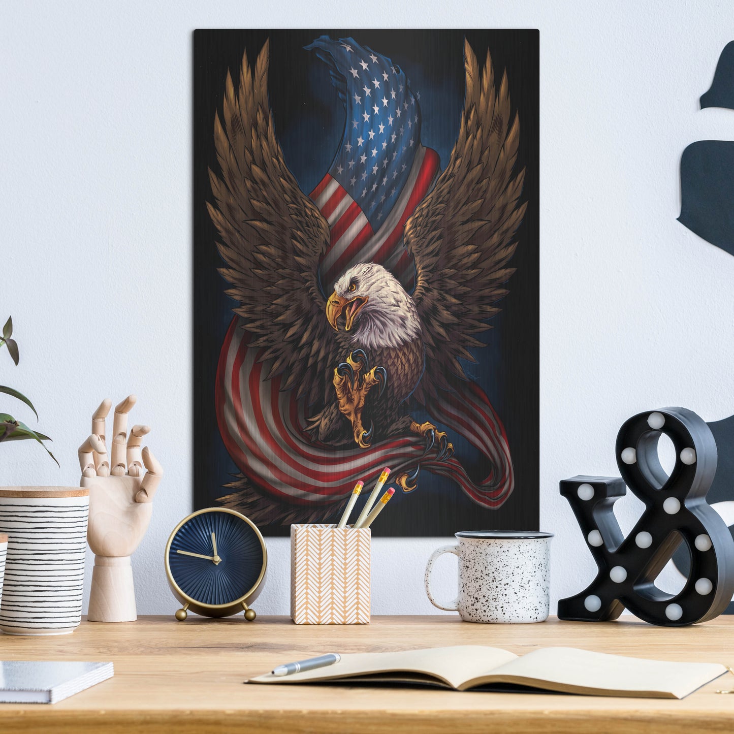 Luxe Metal Art 'Eagle and Flag' by Flyland Designs, Metal Wall Art,12x16