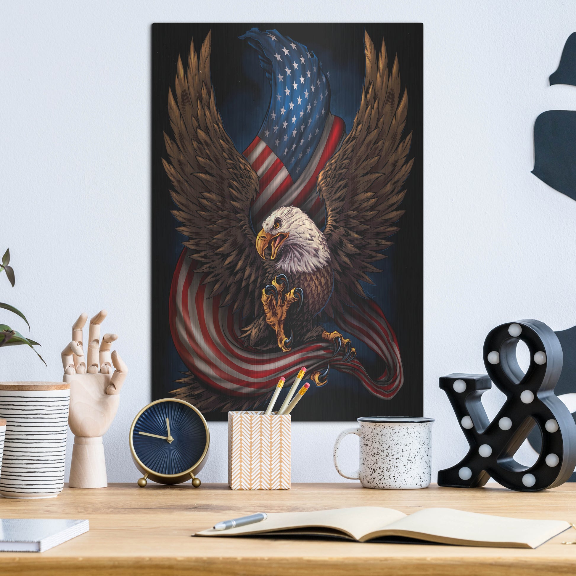 Luxe Metal Art 'Eagle and Flag' by Flyland Designs, Metal Wall Art,12x16