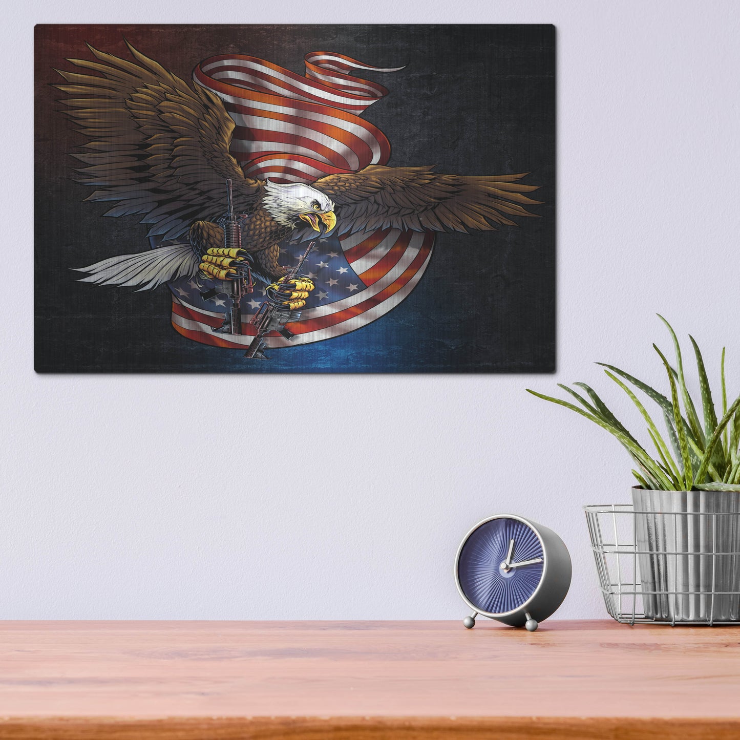 Luxe Metal Art 'Eagle and Guns' by Flyland Designs, Metal Wall Art,16x12