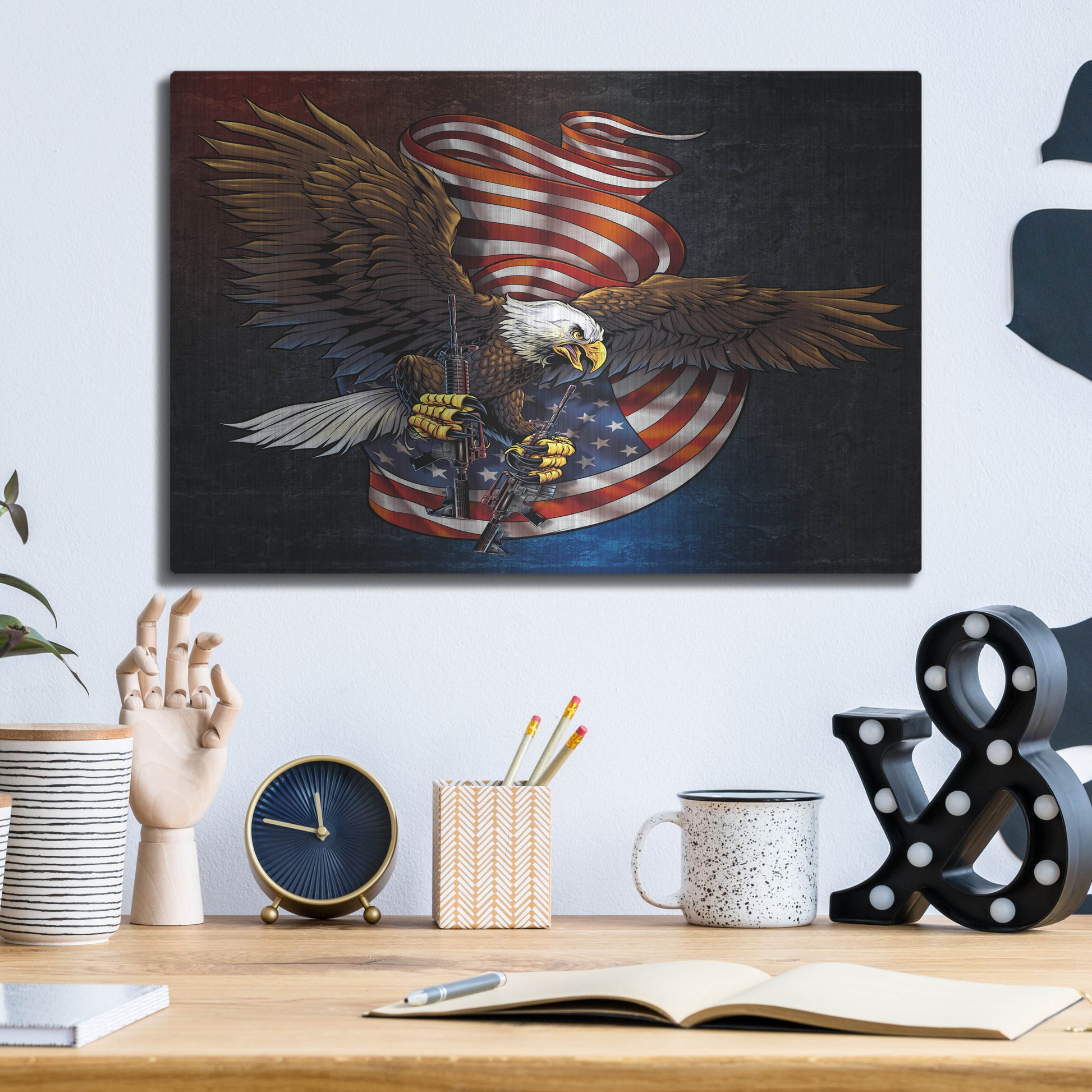 Luxe Metal Art 'Eagle and Guns' by Flyland Designs, Metal Wall Art,16x12