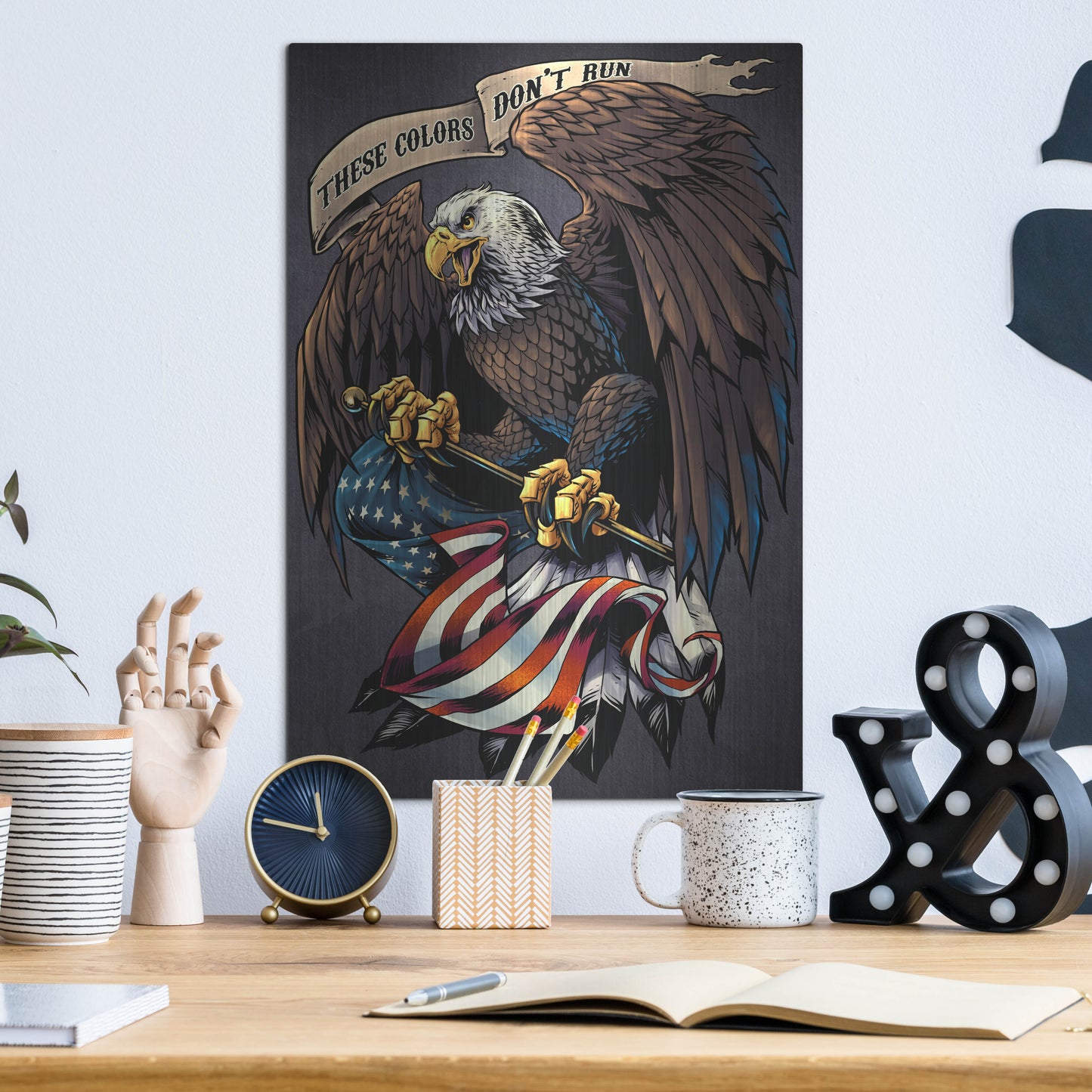 Luxe Metal Art 'Eagle Holding Flag' by Flyland Designs, Metal Wall Art,12x16