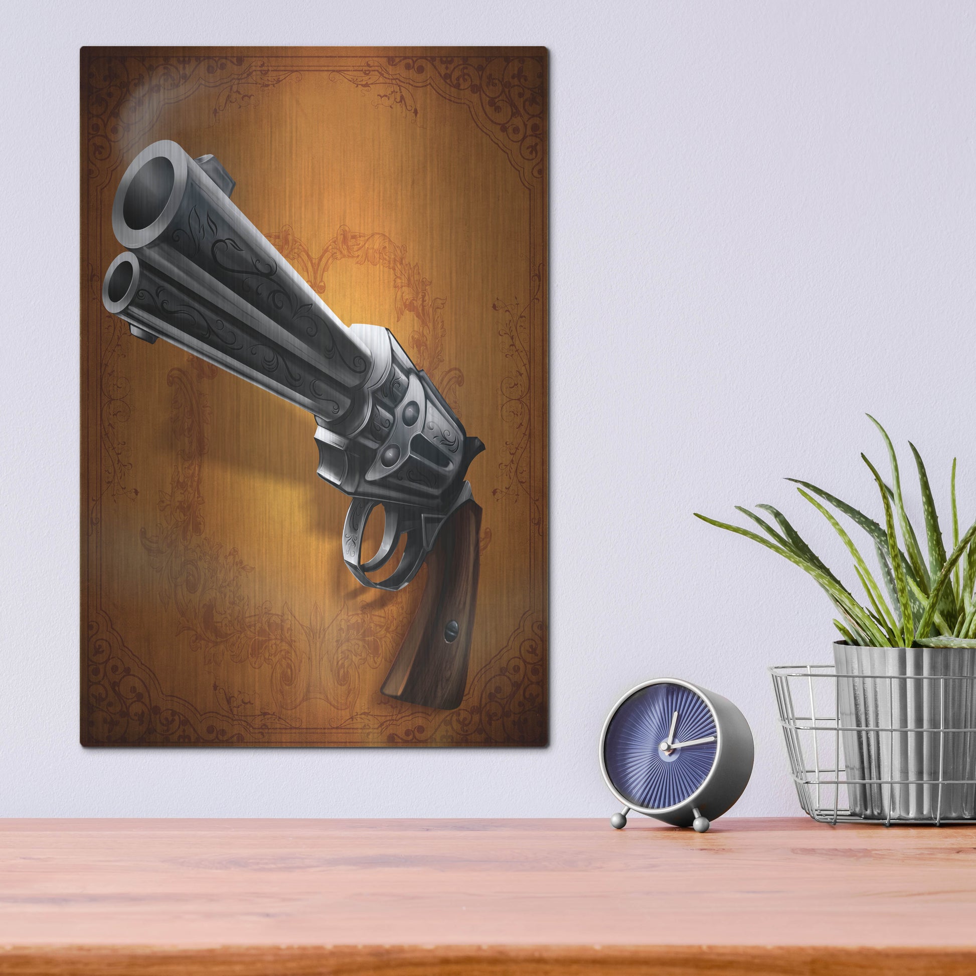 Luxe Metal Art 'Gunslinger - Single Gun 01' by Flyland Designs, Metal Wall Art,12x16
