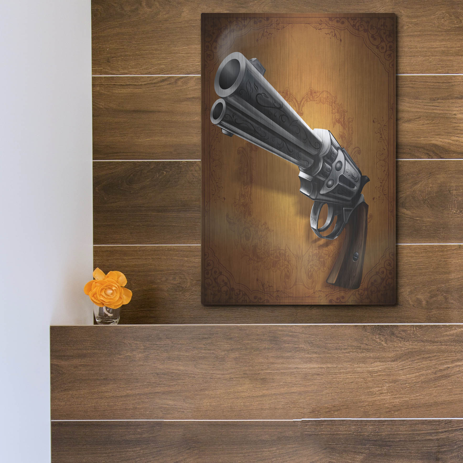 Luxe Metal Art 'Gunslinger - Single Gun 01' by Flyland Designs, Metal Wall Art,12x16