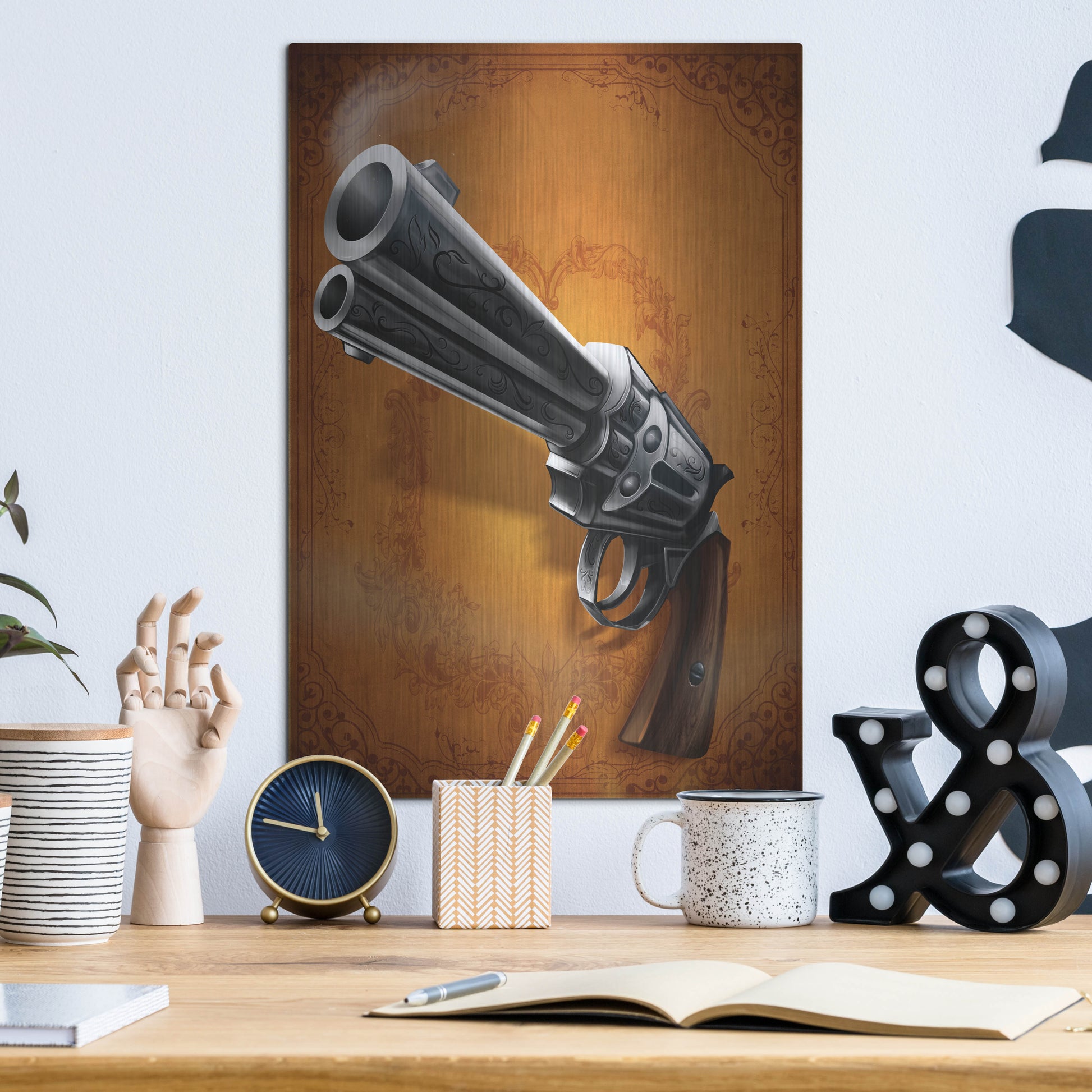 Luxe Metal Art 'Gunslinger - Single Gun 01' by Flyland Designs, Metal Wall Art,12x16