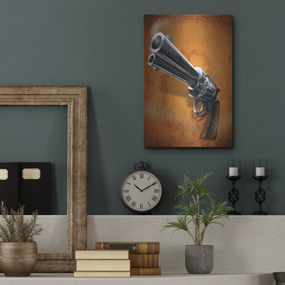 Luxe Metal Art 'Gunslinger - Single Gun 01' by Flyland Designs, Metal Wall Art,12x16