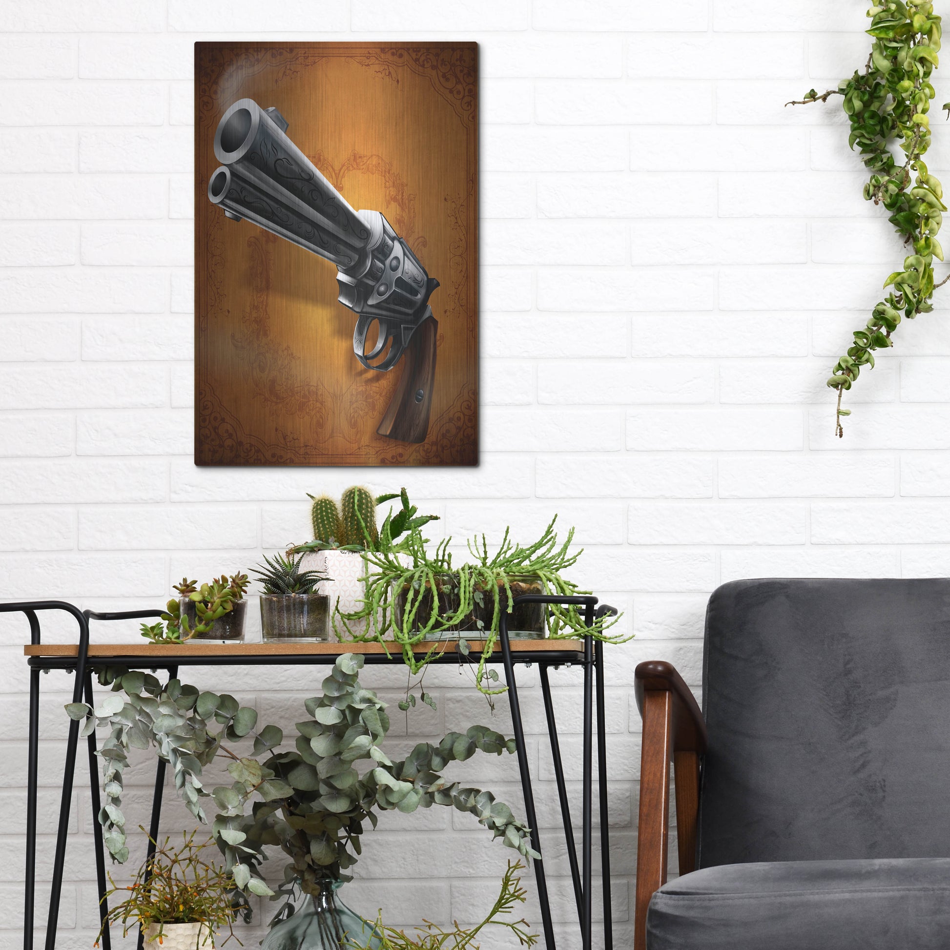 Luxe Metal Art 'Gunslinger - Single Gun 01' by Flyland Designs, Metal Wall Art,12x16
