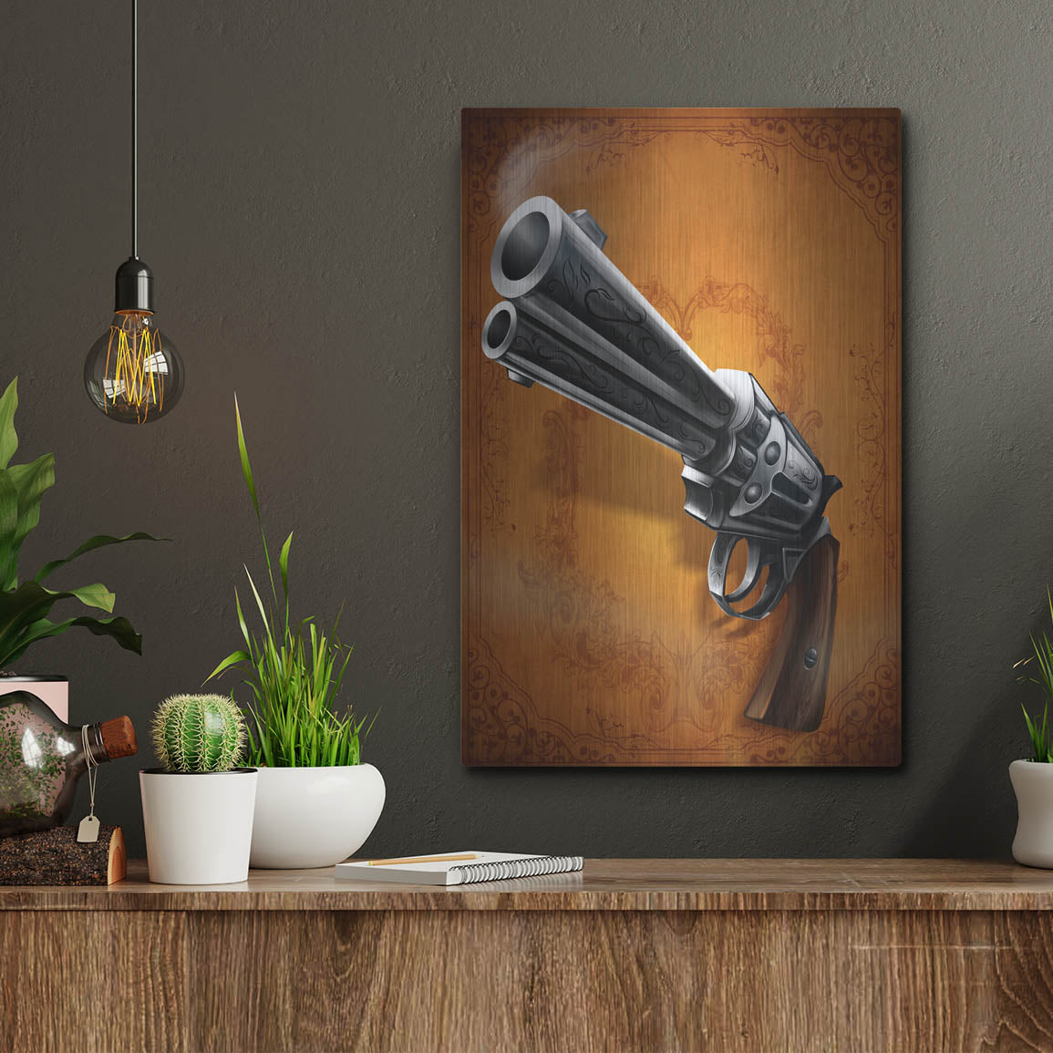 Luxe Metal Art 'Gunslinger - Single Gun 01' by Flyland Designs, Metal Wall Art,12x16