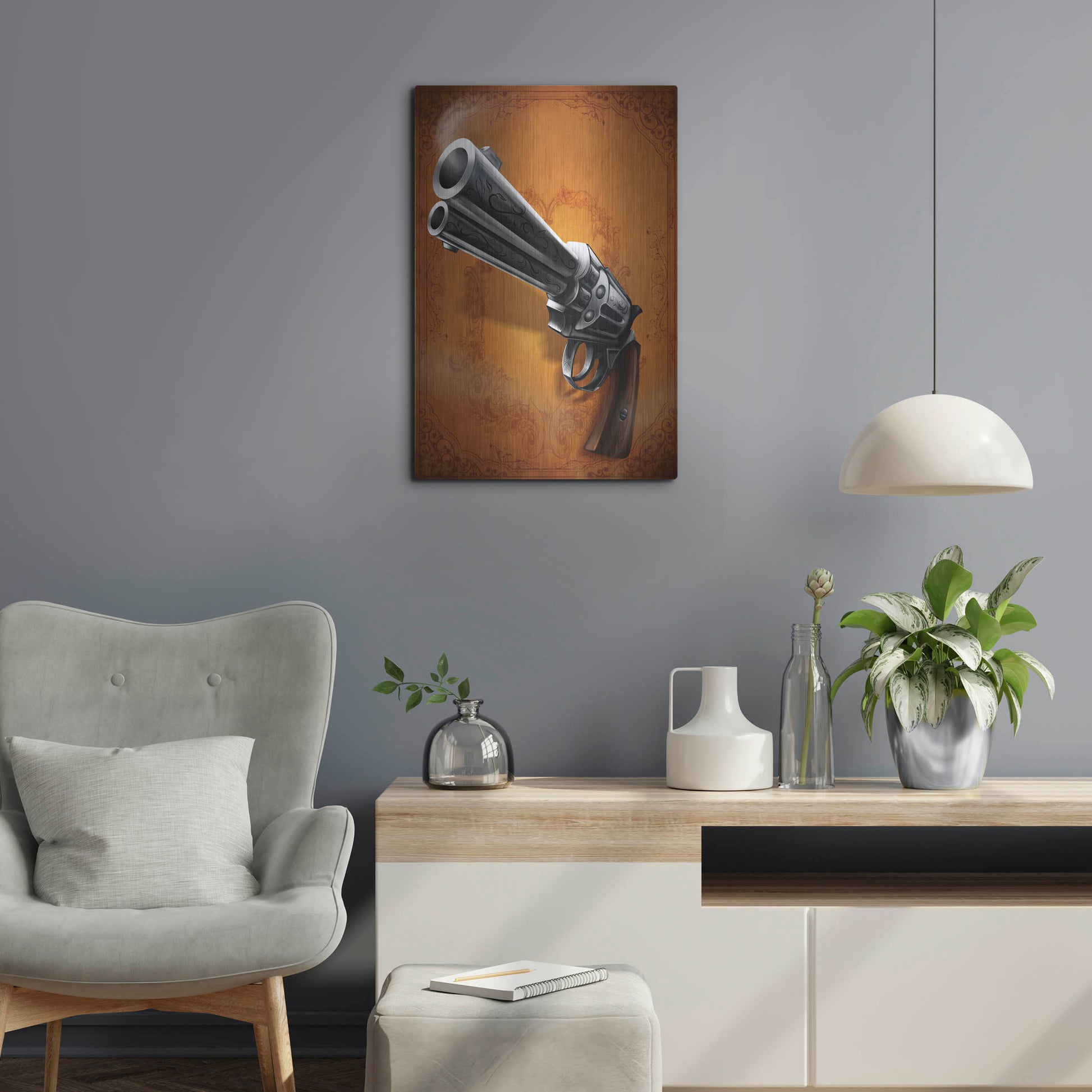 Luxe Metal Art 'Gunslinger - Single Gun 01' by Flyland Designs, Metal Wall Art,16x24
