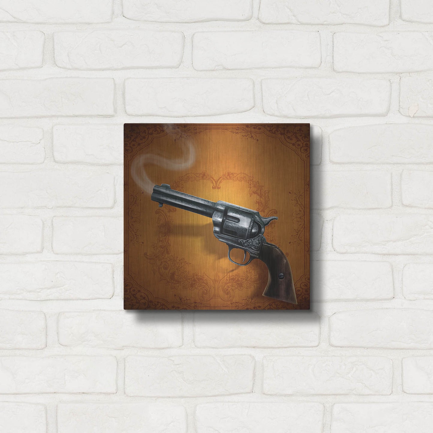 Luxe Metal Art 'Gunslinger - Single Gun 02' by Flyland Designs, Metal Wall Art,12x12