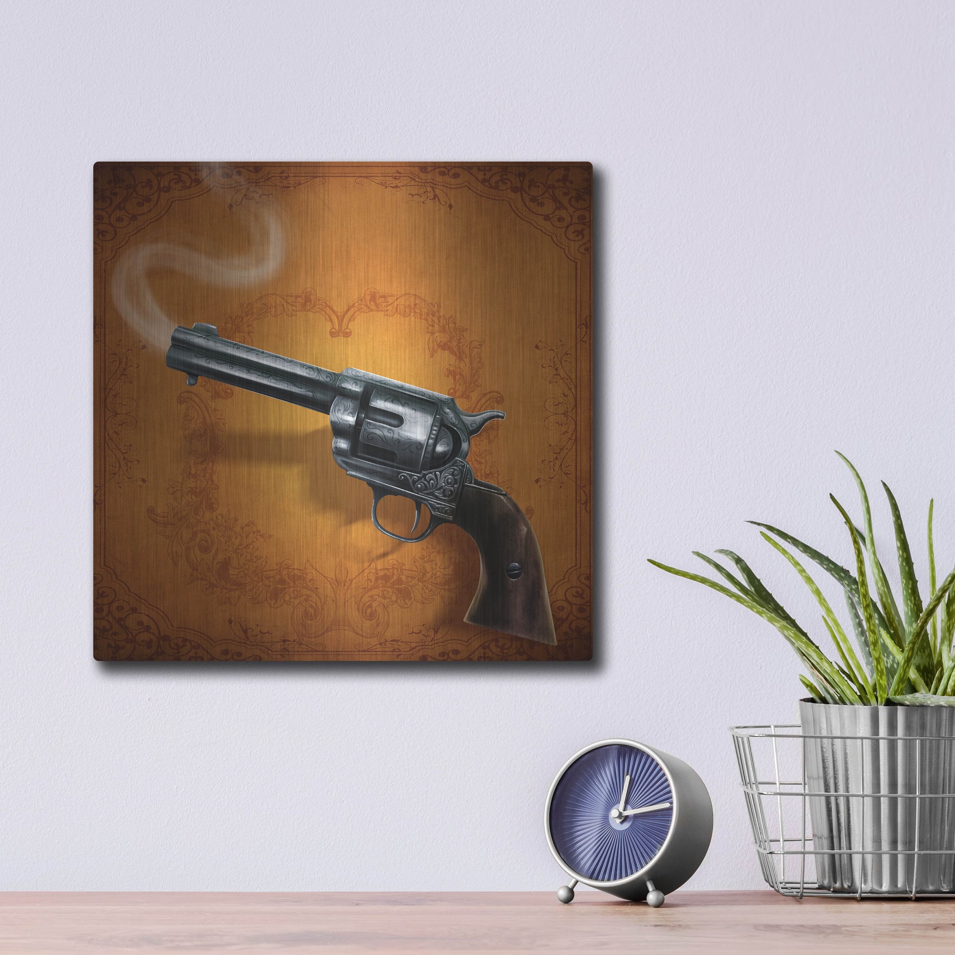 Luxe Metal Art 'Gunslinger - Single Gun 02' by Flyland Designs, Metal Wall Art,12x12