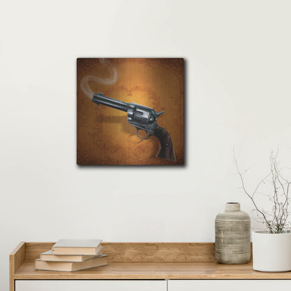 Luxe Metal Art 'Gunslinger - Single Gun 02' by Flyland Designs, Metal Wall Art,12x12