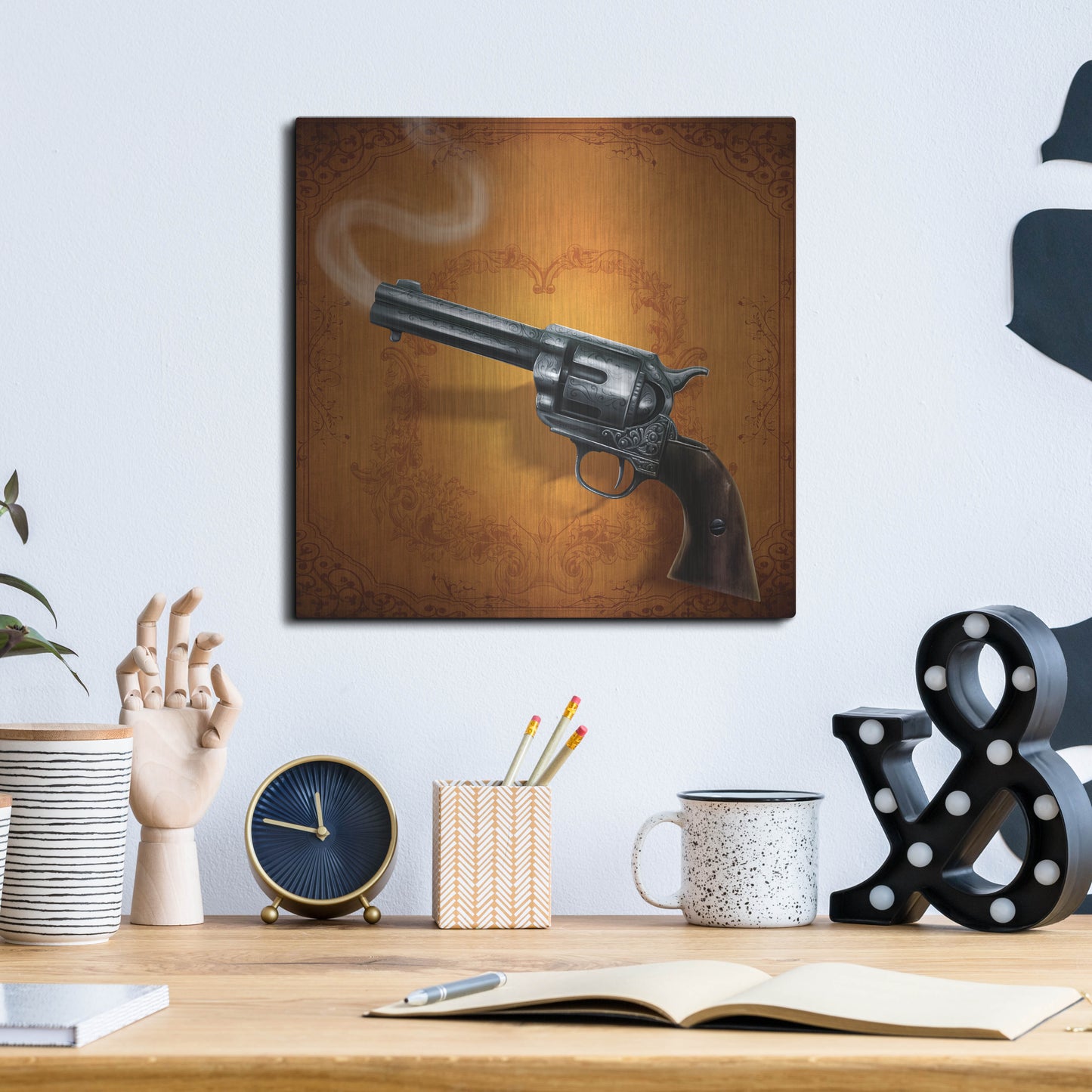 Luxe Metal Art 'Gunslinger - Single Gun 02' by Flyland Designs, Metal Wall Art,12x12