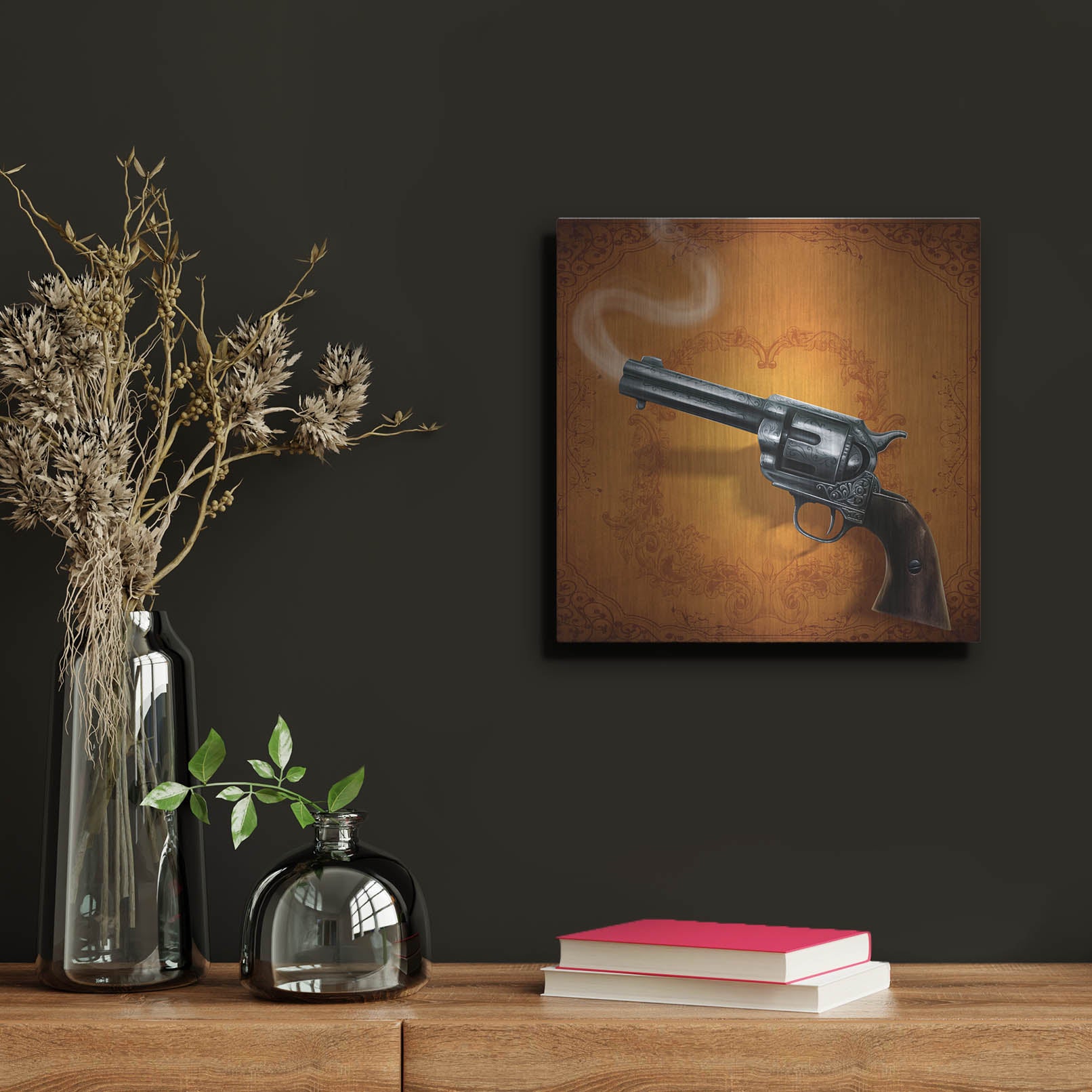 Luxe Metal Art 'Gunslinger - Single Gun 02' by Flyland Designs, Metal Wall Art,12x12