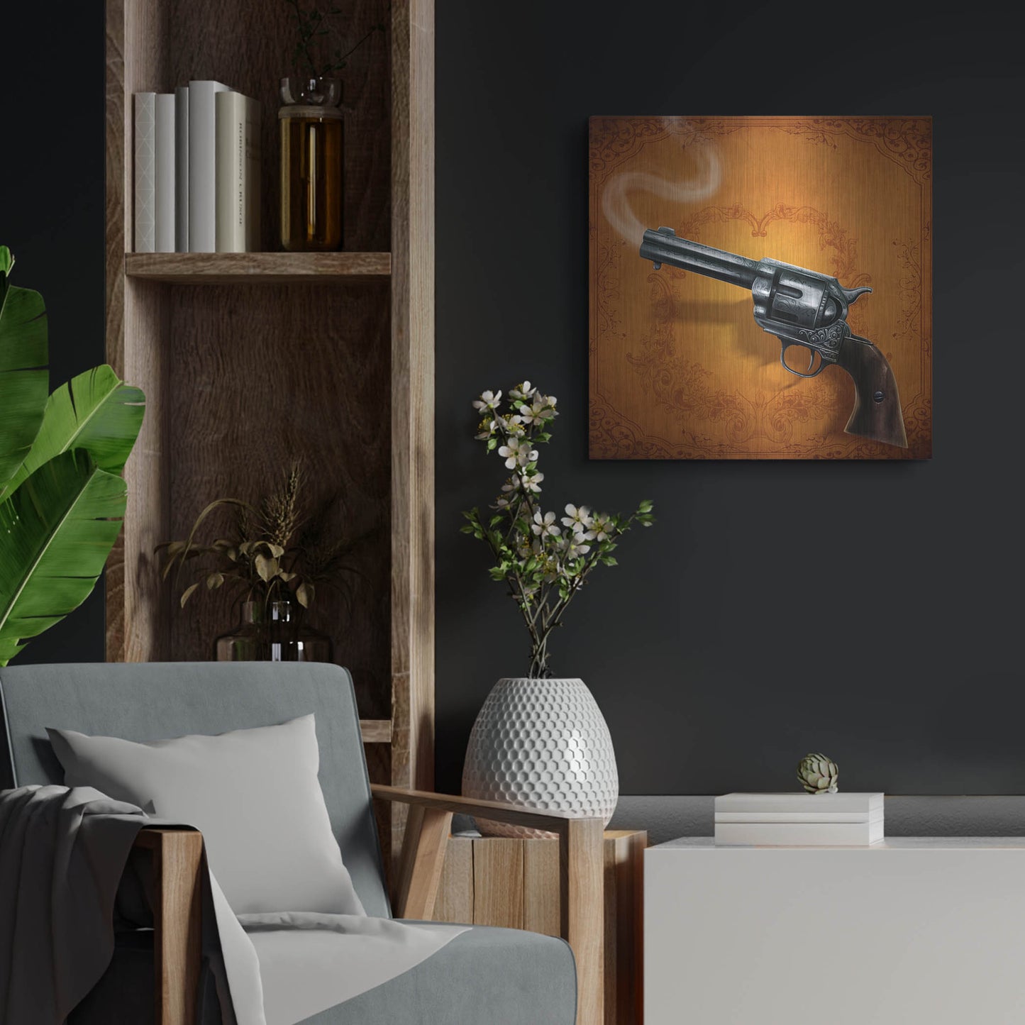 Luxe Metal Art 'Gunslinger - Single Gun 02' by Flyland Designs, Metal Wall Art,24x24