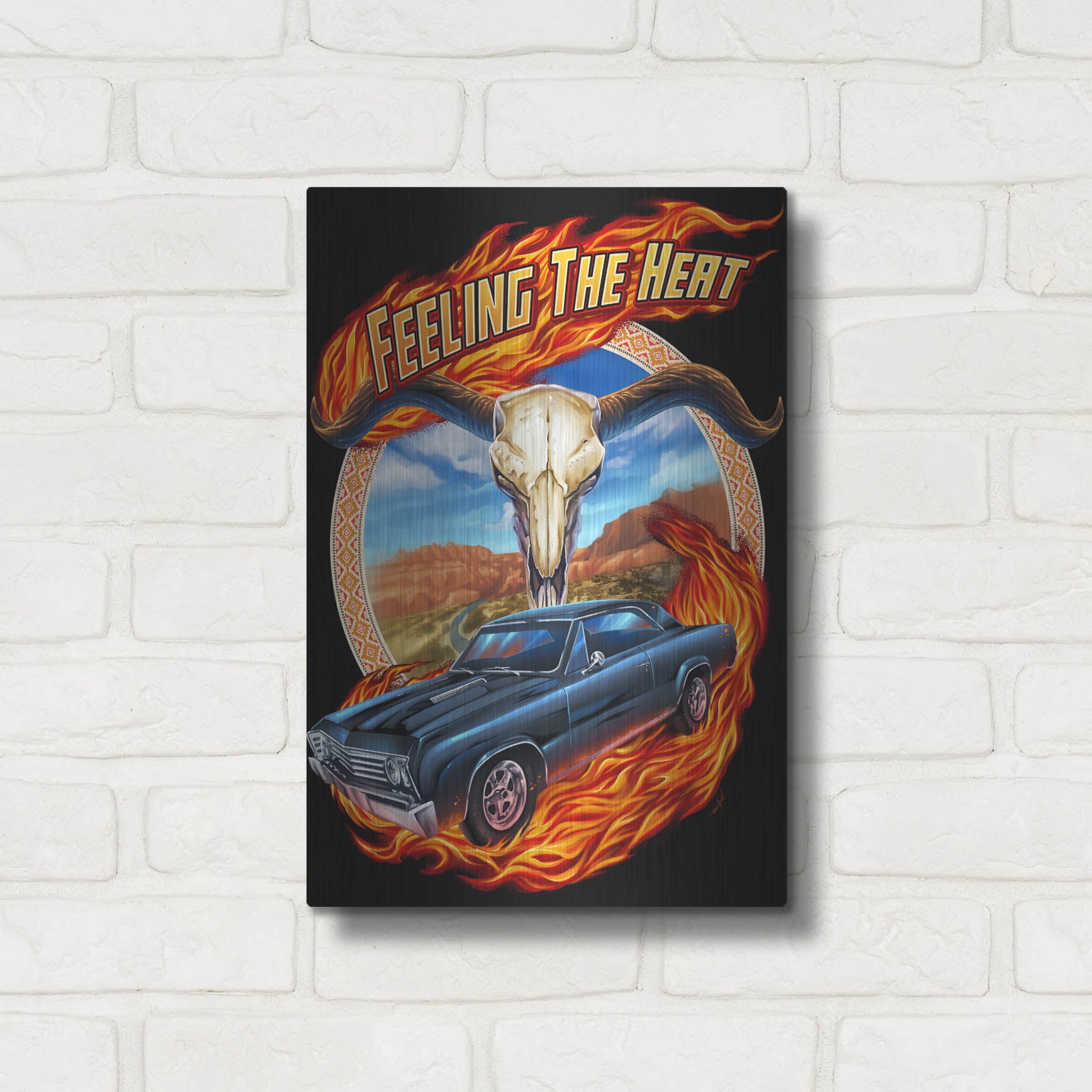 Luxe Metal Art 'Hot Rod Steer Skull Illustration' by Flyland Designs, Metal Wall Art,12x16